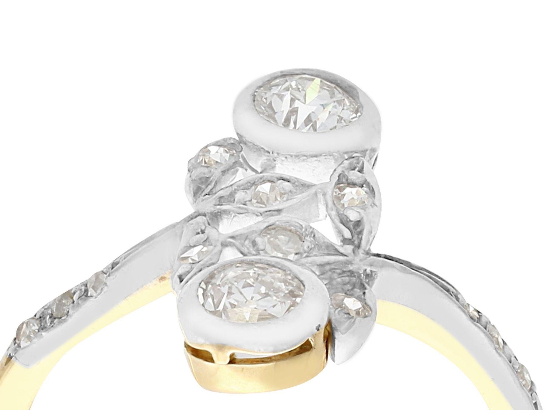 A fine and impressive antique 0.60 carat diamond and 14 karat yellow gold, silver set cocktail ring; part of our diverse antique jewelry and estate jewelry collections

This unusual antique Austrian Art Nouveau inspired dress ring has been crafted