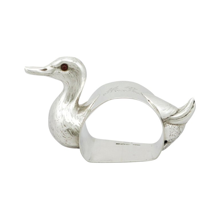 1910s Antique George V Sterling Silver Duck Napkin Ring For Sale