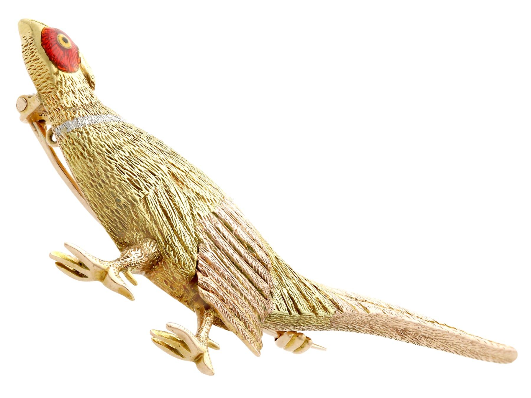 1910s Antique Gold and Enamel Pheasant Brooch For Sale 1