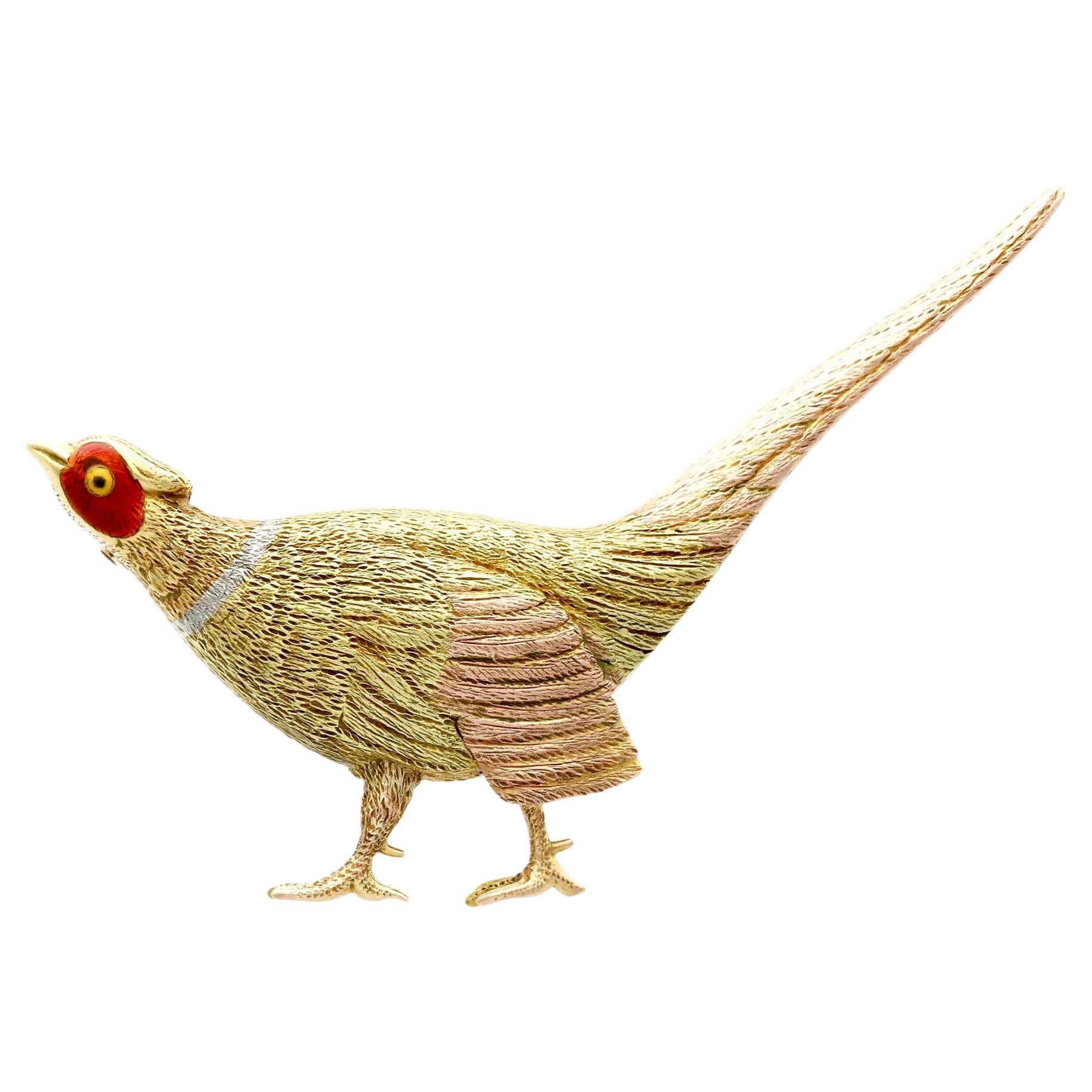 1910s Antique Gold and Enamel Pheasant Brooch For Sale