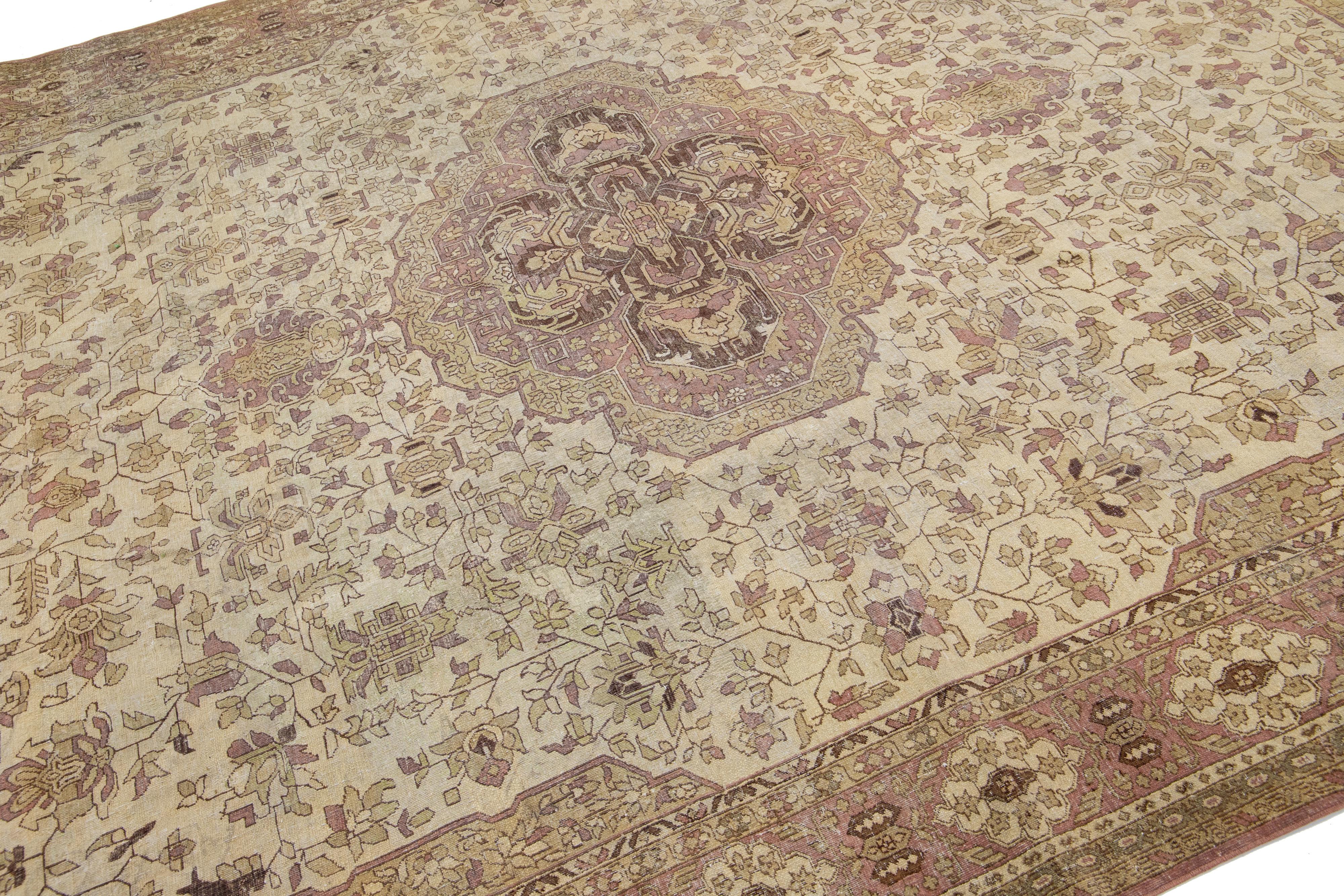 Hand-Knotted 1910s Antique Indian Wool Agra Rug In Beige with Allover Design  For Sale