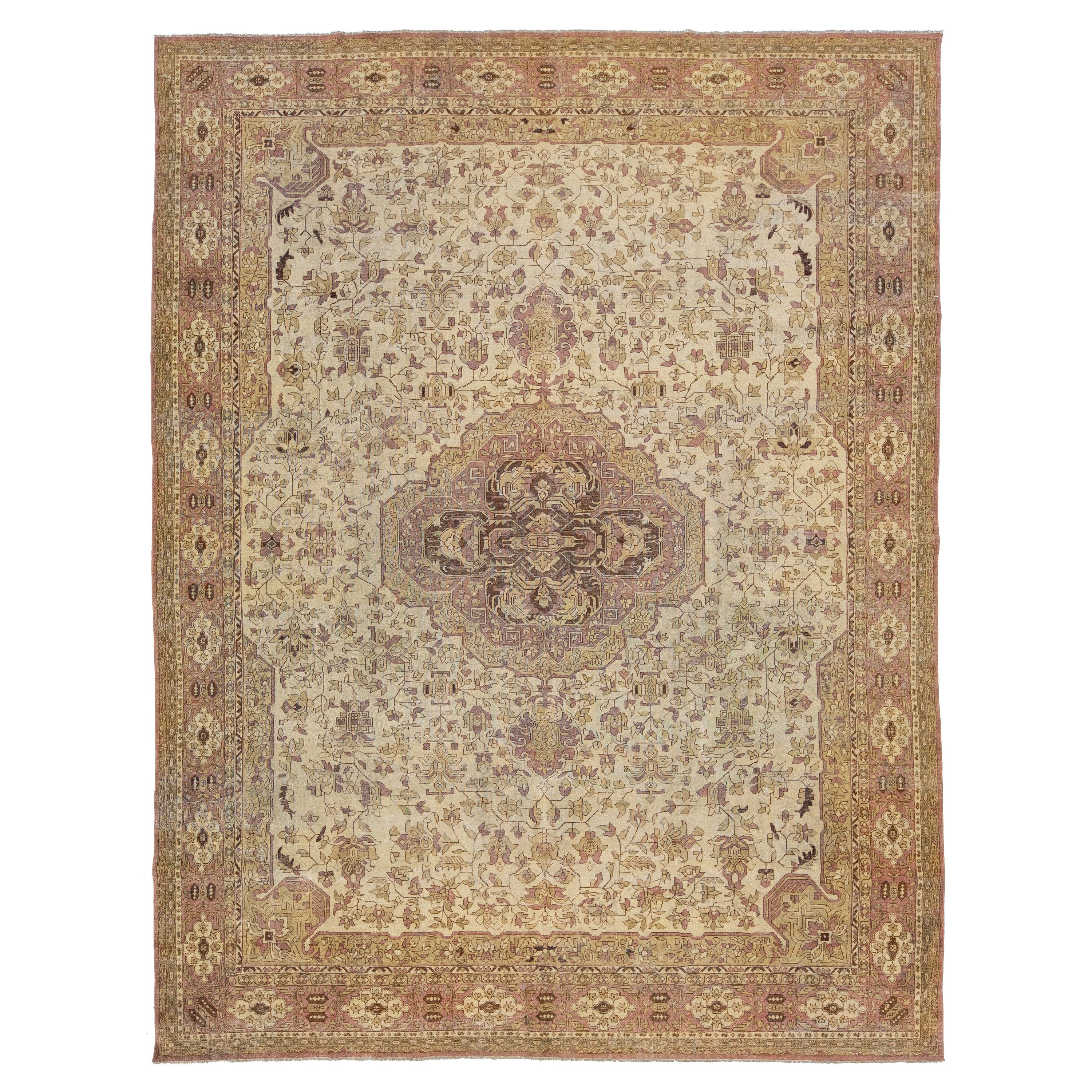 Tappeto Agra in lana indiana antico del 1910, beige con design/One
