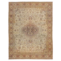 Tappeto Agra in lana indiana antico del 1910, beige con design/One