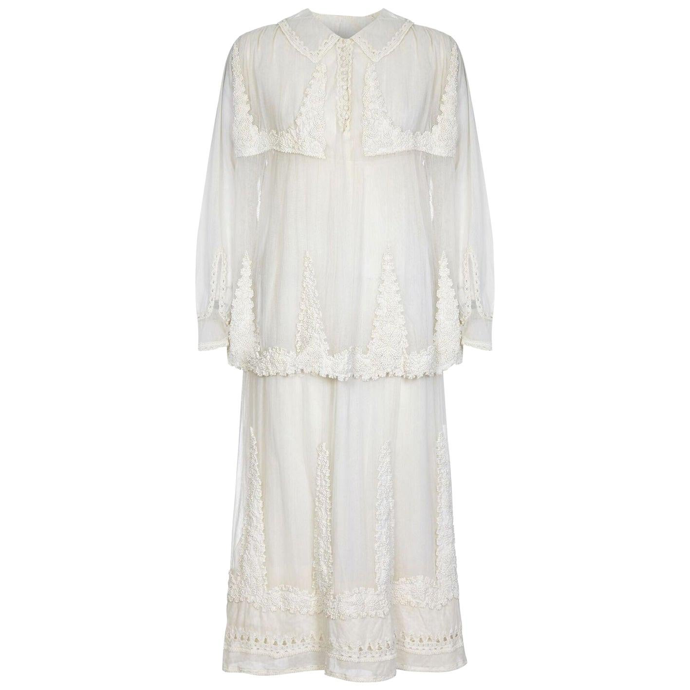 1910s Antique Ivory Tulle Wedding Dress with Knotted Tunic  For Sale
