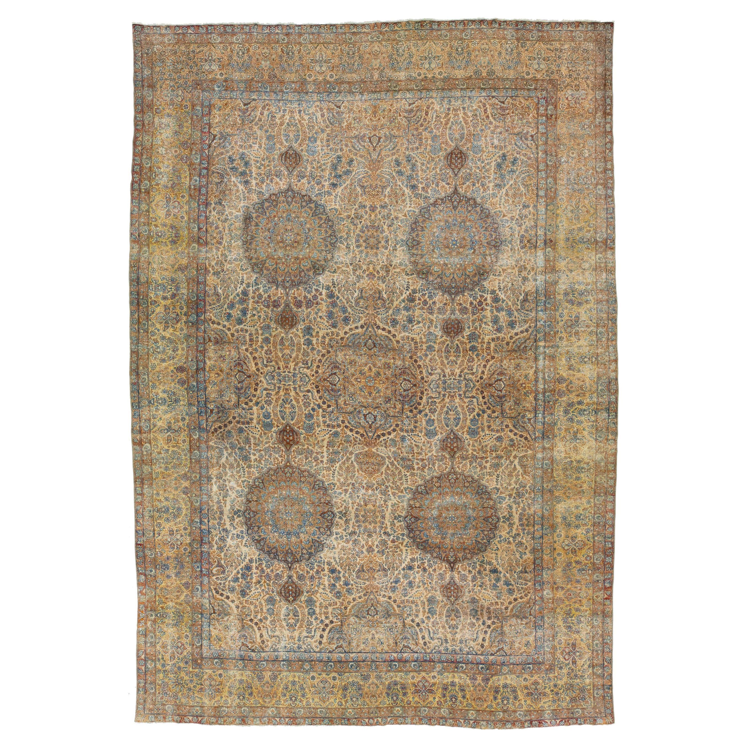 1910s Antique Kerman Persian Wool Rug with Multicolor Rosette Motif
