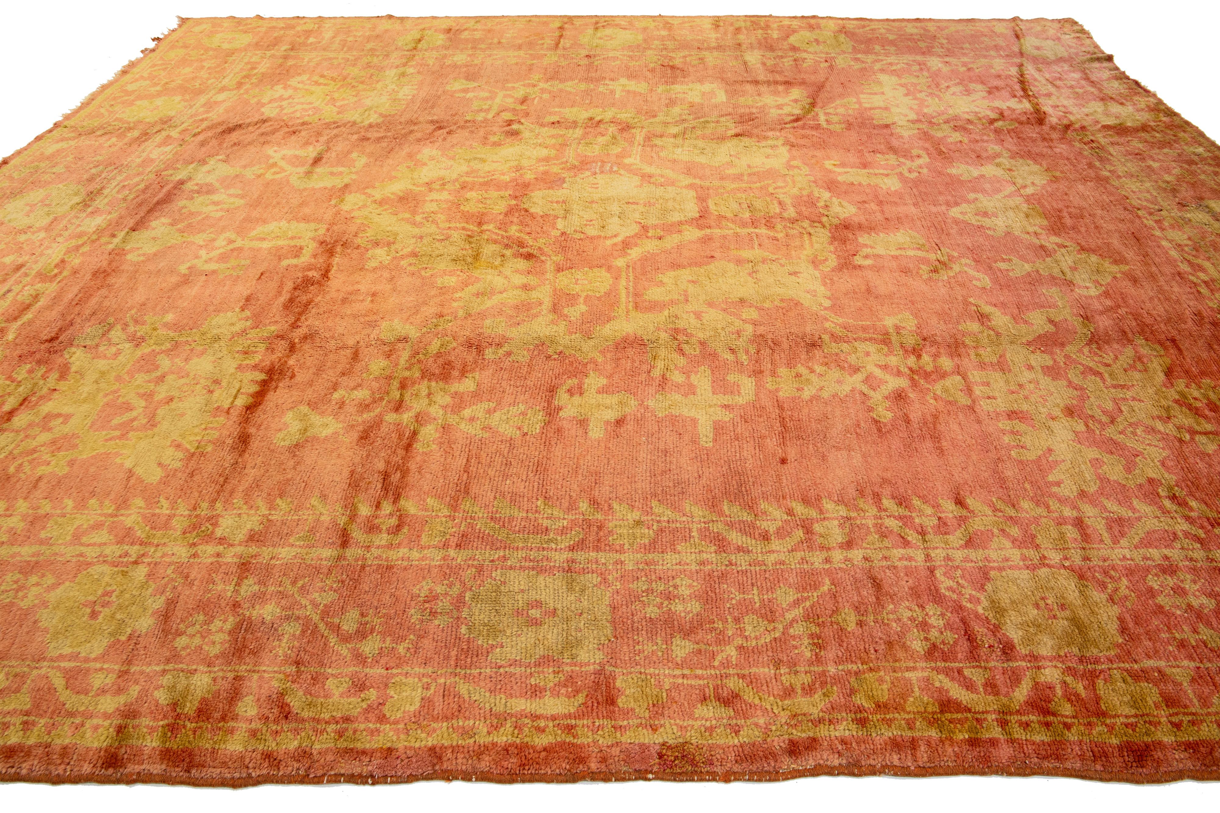 20th Century 1910s Antique Oushak Turkish Wool Rug In Terracota Color with Allover Design  For Sale