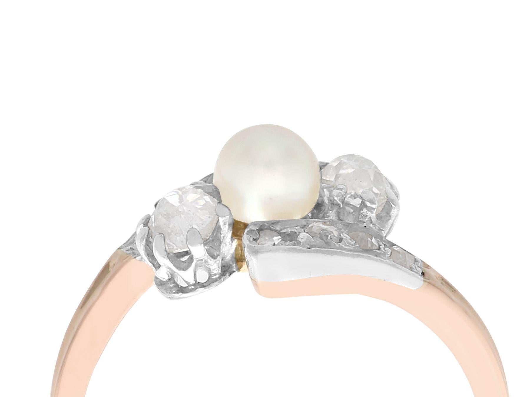 An impressive antique pearl and 0.51 Carot diamond, 18k rose gold and 18k white gold set twist ring; part of our diverse antique jewelry and estate jewelry collections.

This fine and impressive pearl and diamond ring has been crafted in 18k rose