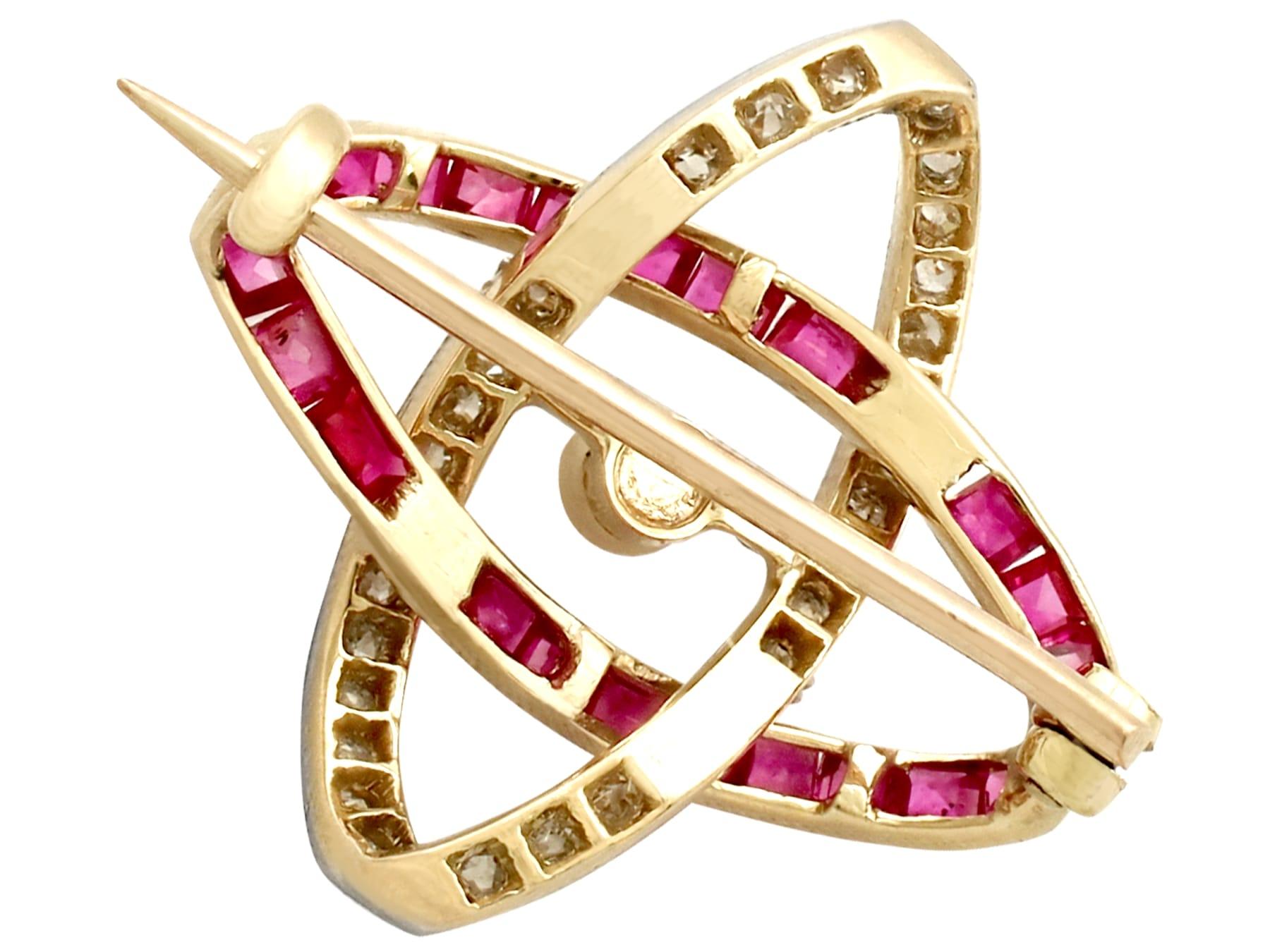 Art Deco 1910s Antique Pearl Ruby and Diamond Yellow Gold Brooch For Sale