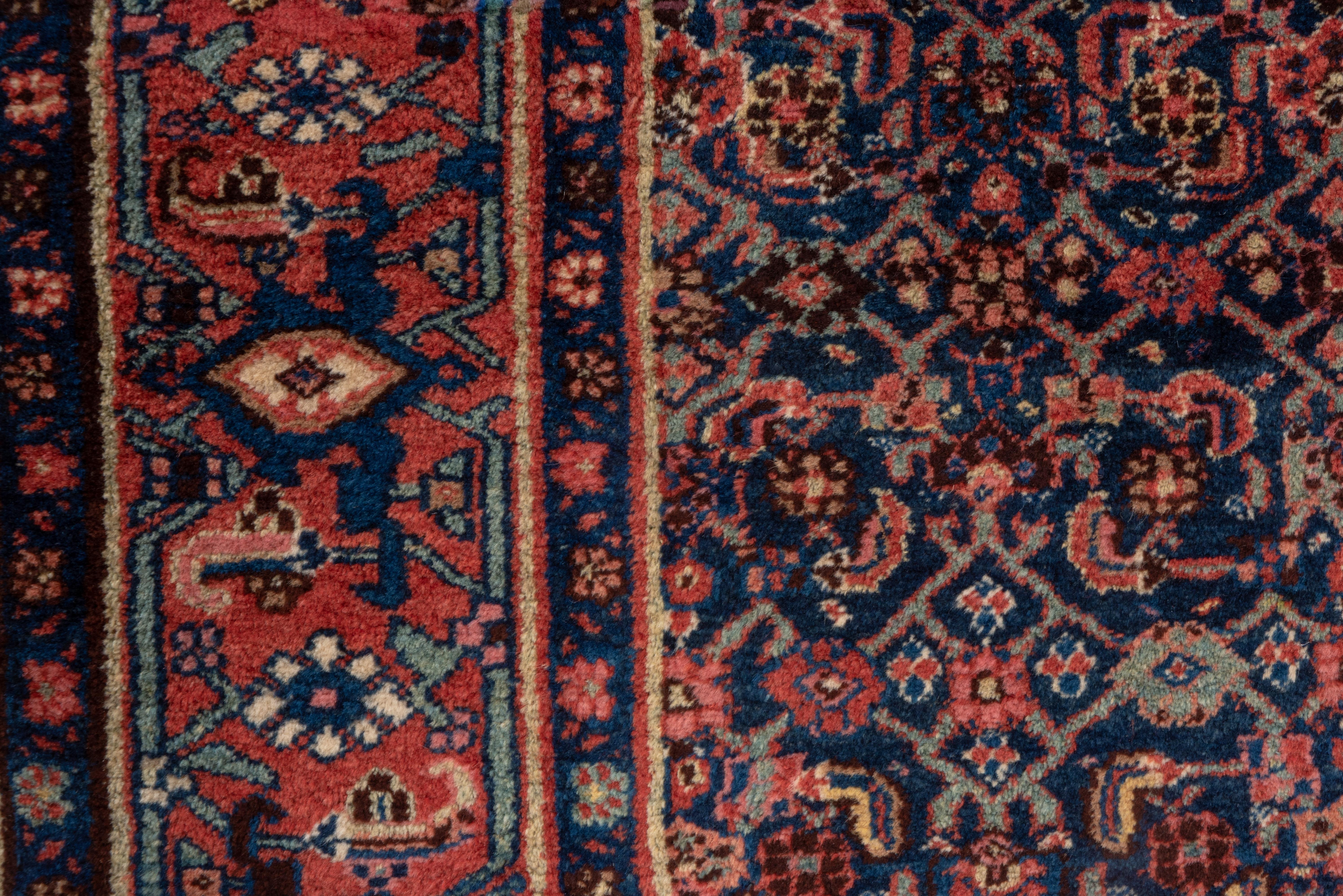 Hand-Knotted 1910s Antique Persian Bidjar Wide Runner, Navy & Pink Herati Field, Pink Borders For Sale