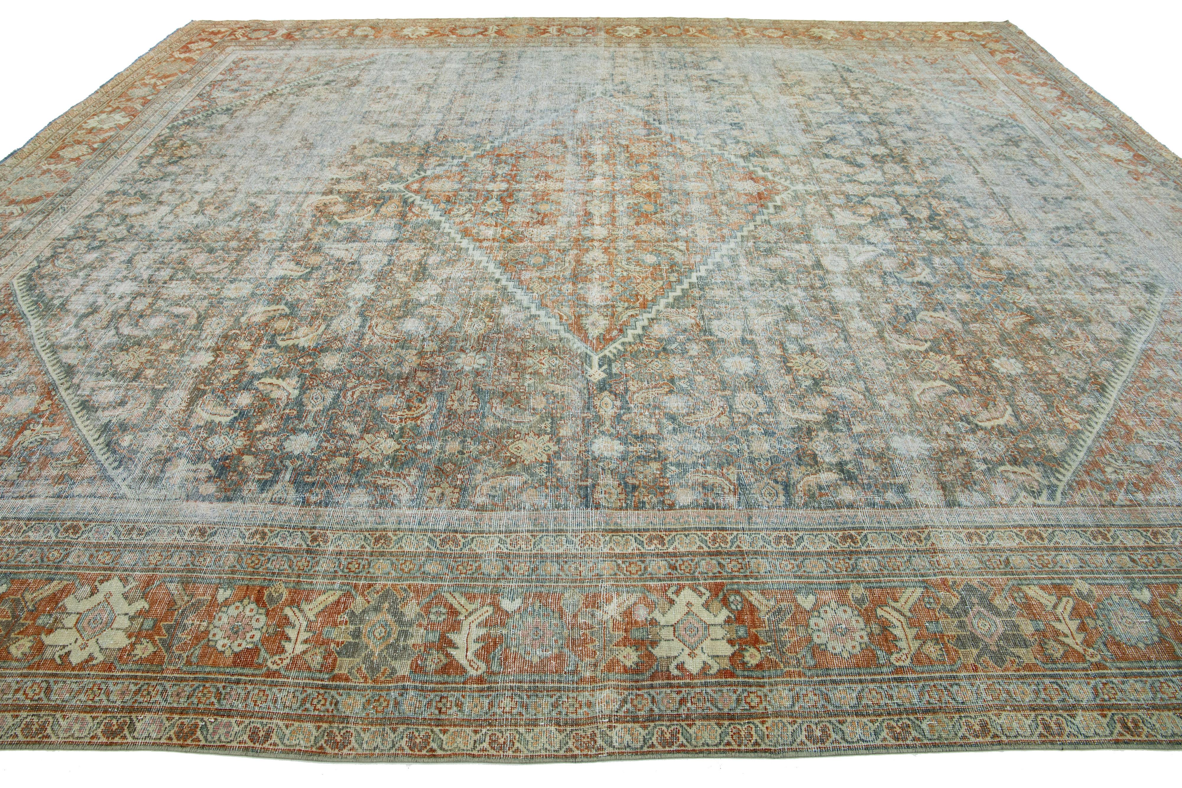 1910s Antike persische Mahal Allover Wolle Teppich handgefertigt in Rust Farbe (Handgeknüpft) im Angebot