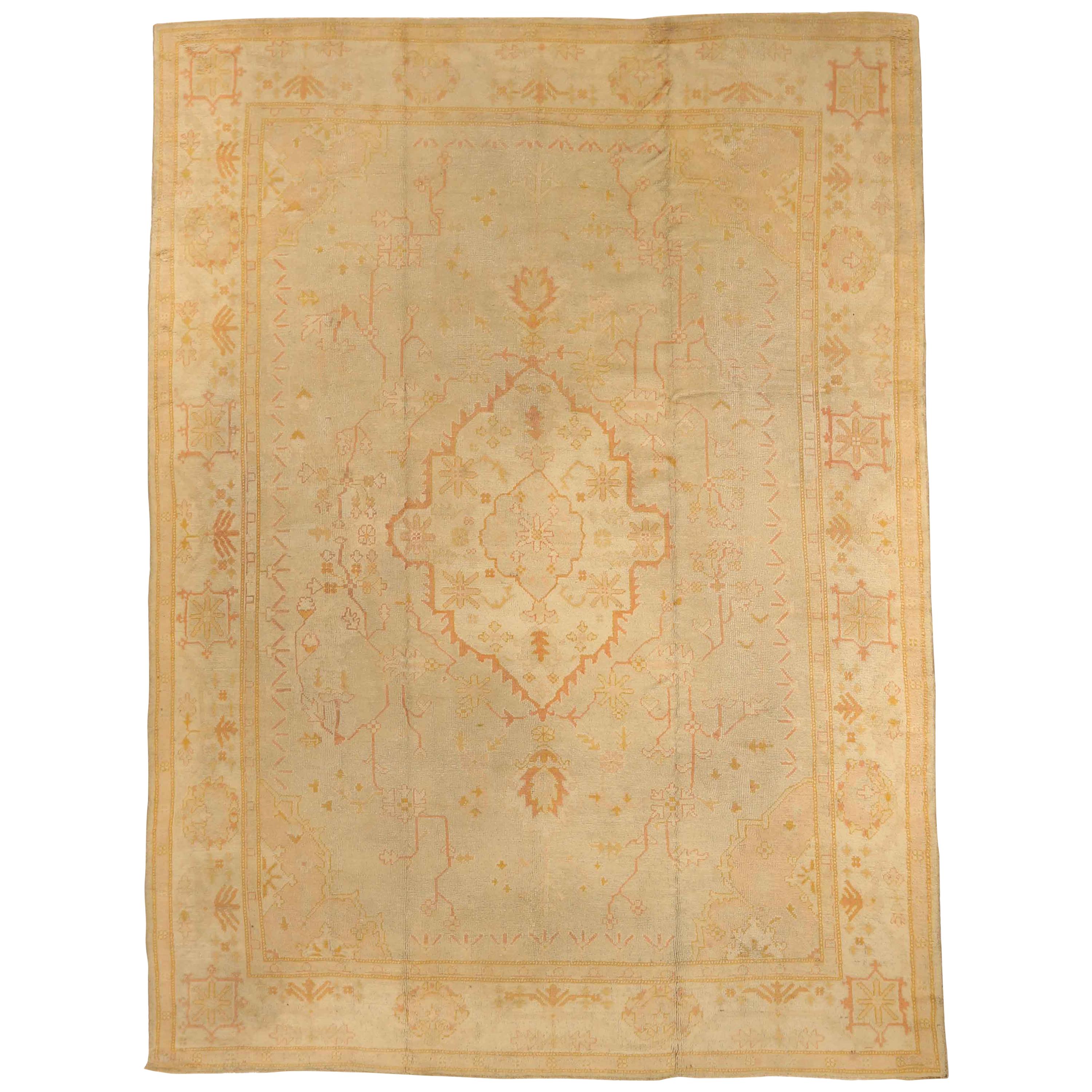 1910s Antique Persian Oushak Rug with Ivory and Beige Flower Field Design