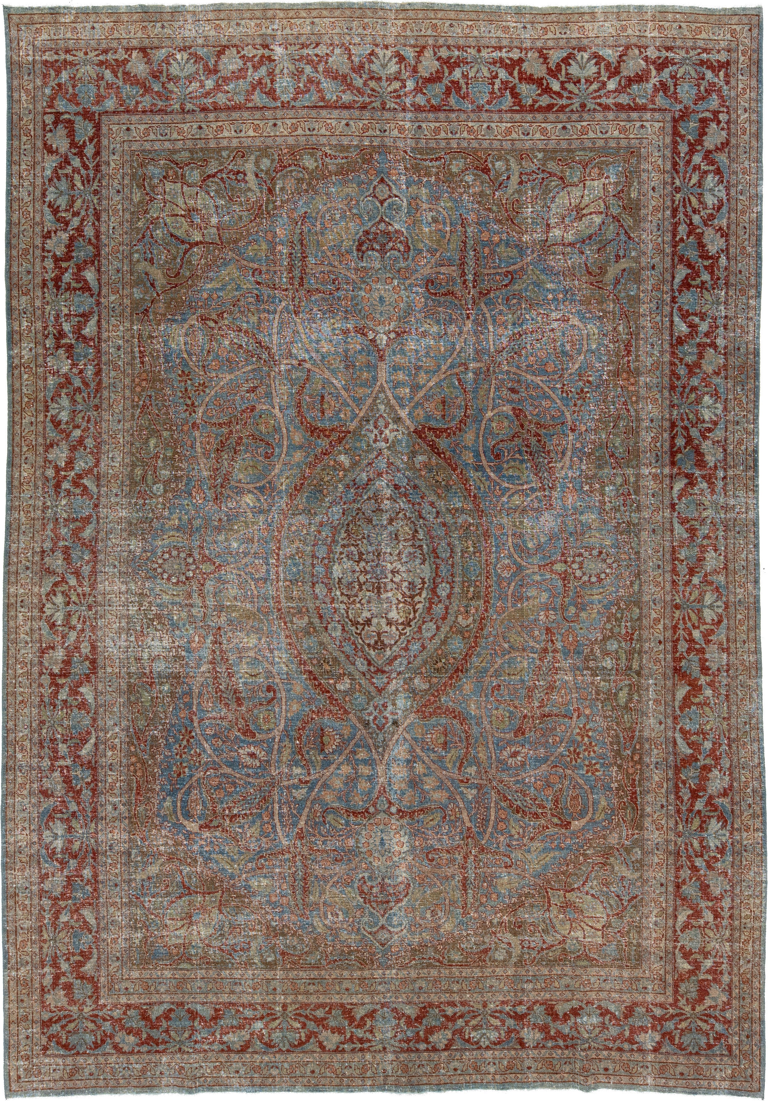 Antiquités des années 1910 - Tapis persan en laine Tabriz à motifs de médaillons classiques en bleu