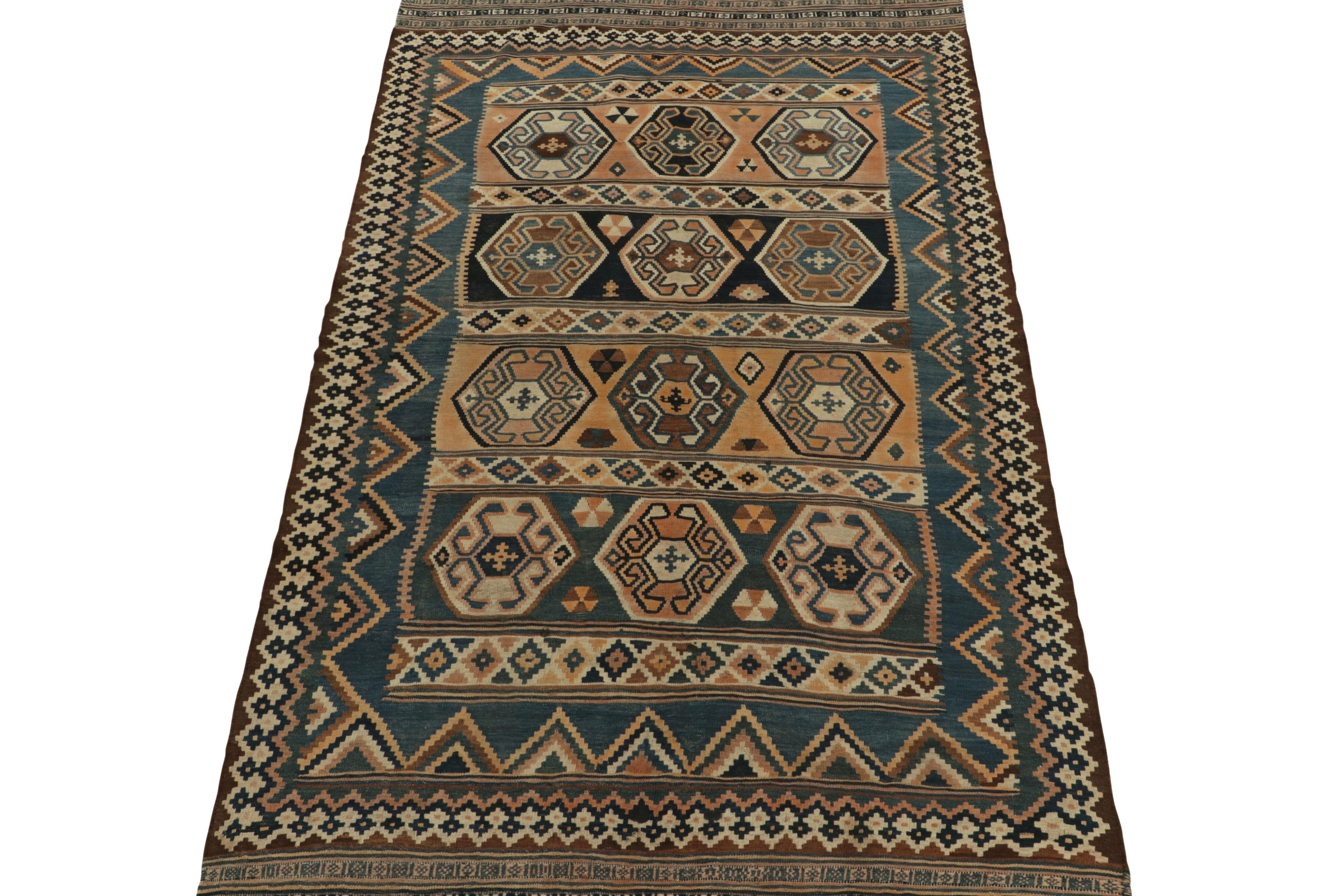 Hand-Knotted 1910s Antique Russian Kilim in Blue, Beige-Brown Tribal Pattern by Rug & Kilim