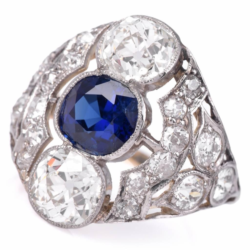 1910s Antique Sapphire and Diamond Filigree Platinum Ring 1