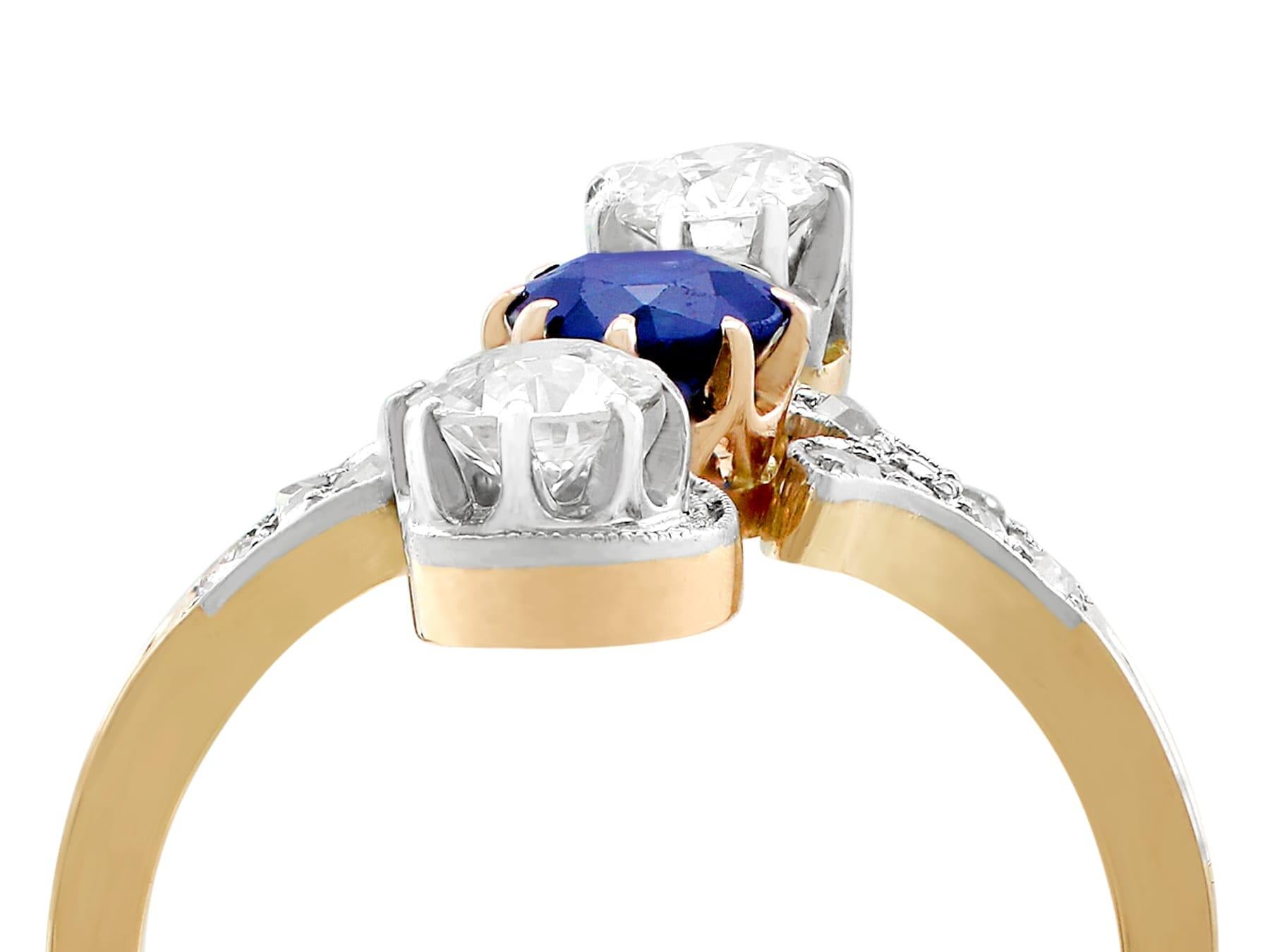 A stunning antique 0.62 carat sapphire and 1.21 carat diamond, 14 karat yellow and white gold twist ring; part of our diverse antique jewelry and estate jewelry collections.

This stunning, fine and impressive antique sapphire ring has been crafted