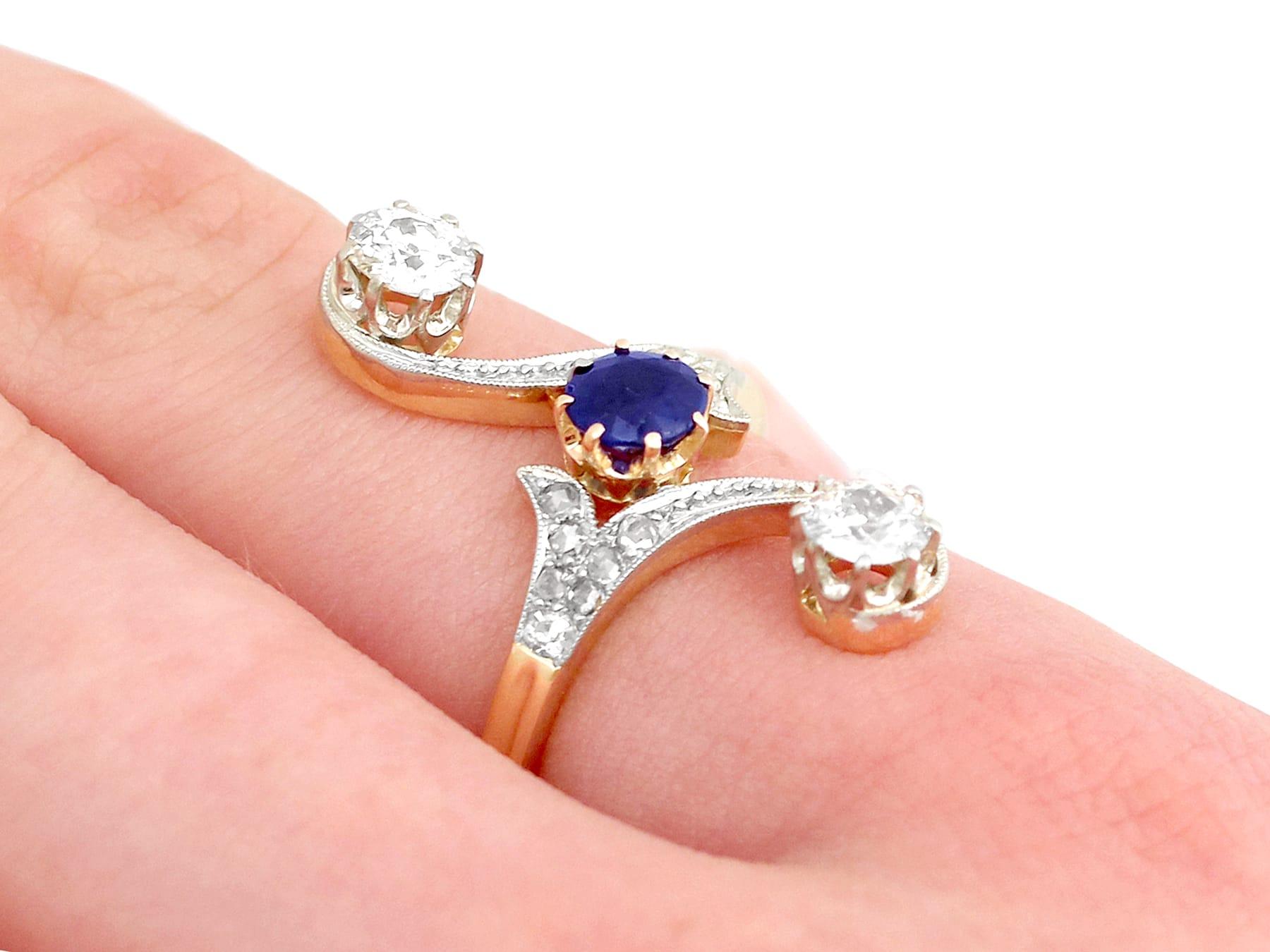 1910s Antique Sapphire and 1.21 Carat Diamond Yellow Gold Twist Ring For Sale 1