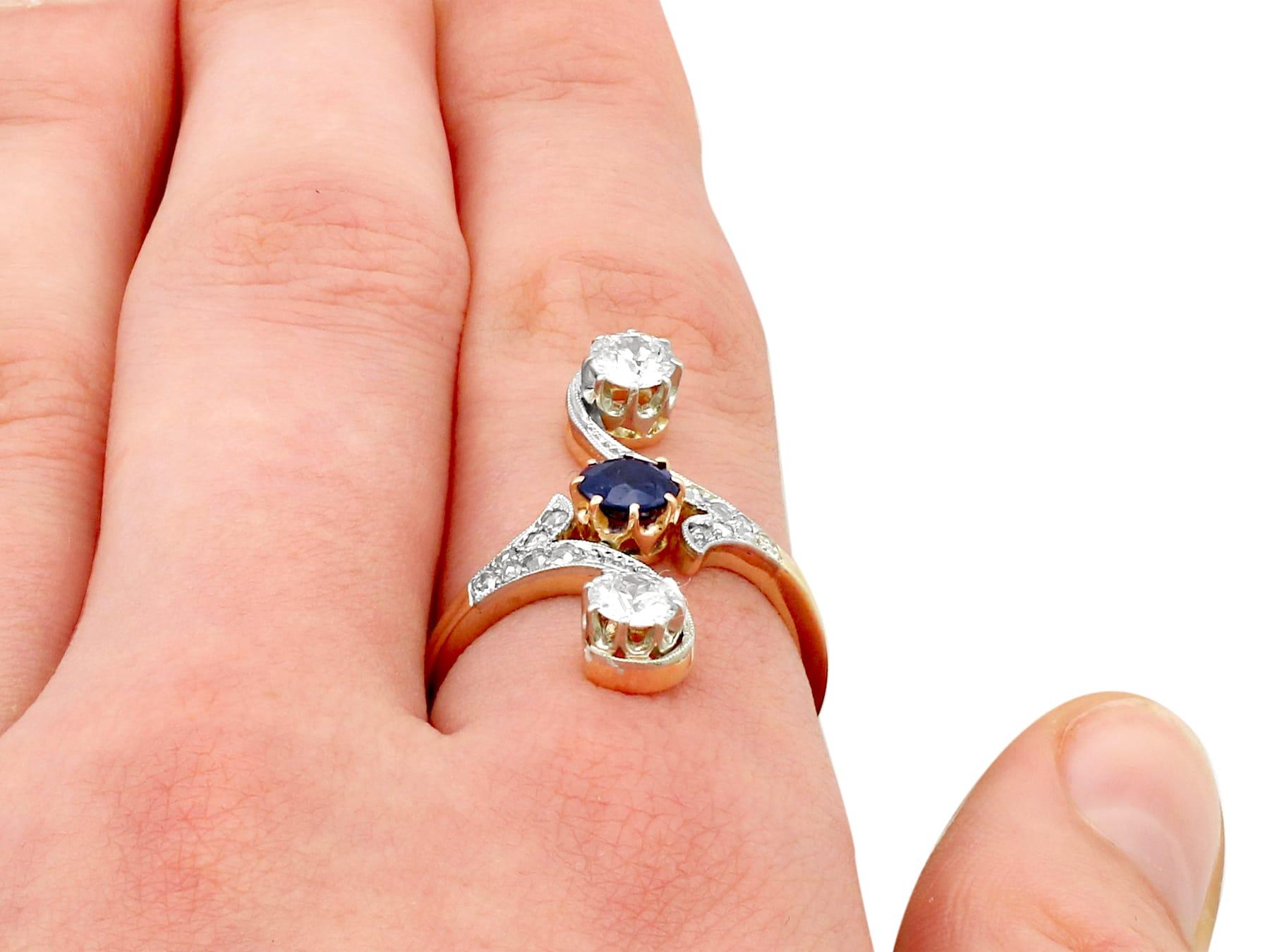 1910s Antique Sapphire and 1.21 Carat Diamond Yellow Gold Twist Ring For Sale 2