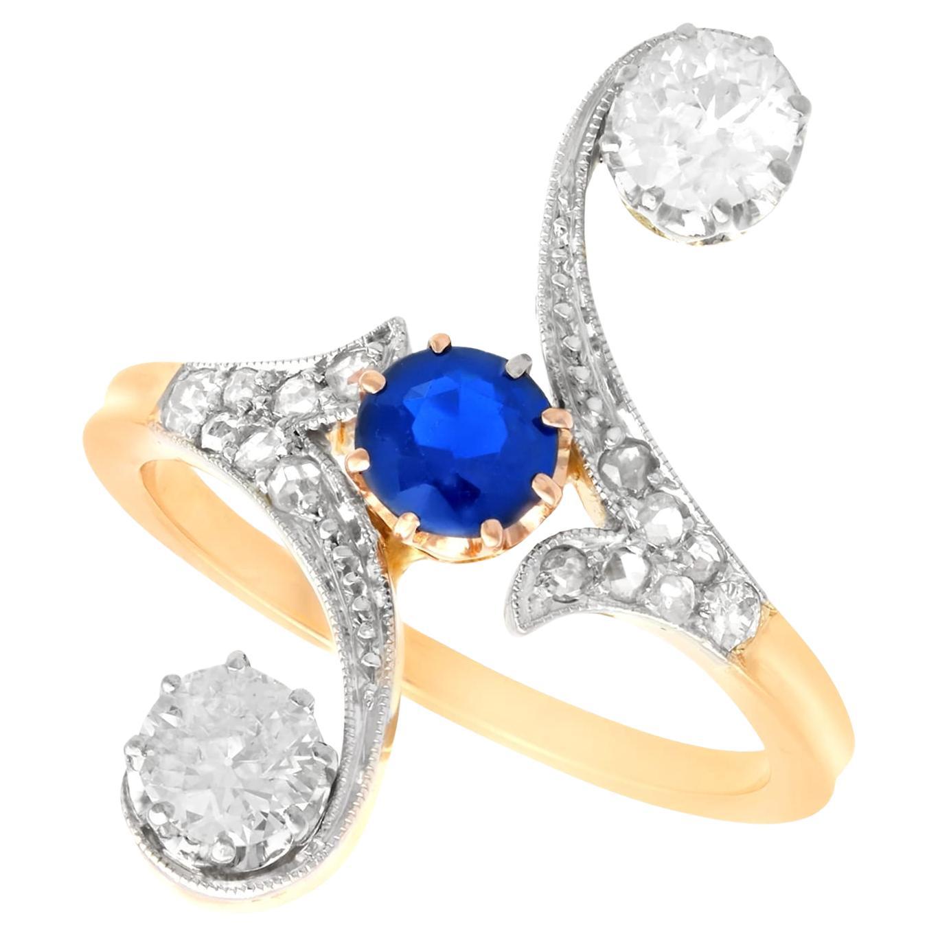 1910s Antique Sapphire and 1.21 Carat Diamond Yellow Gold Twist Ring For Sale