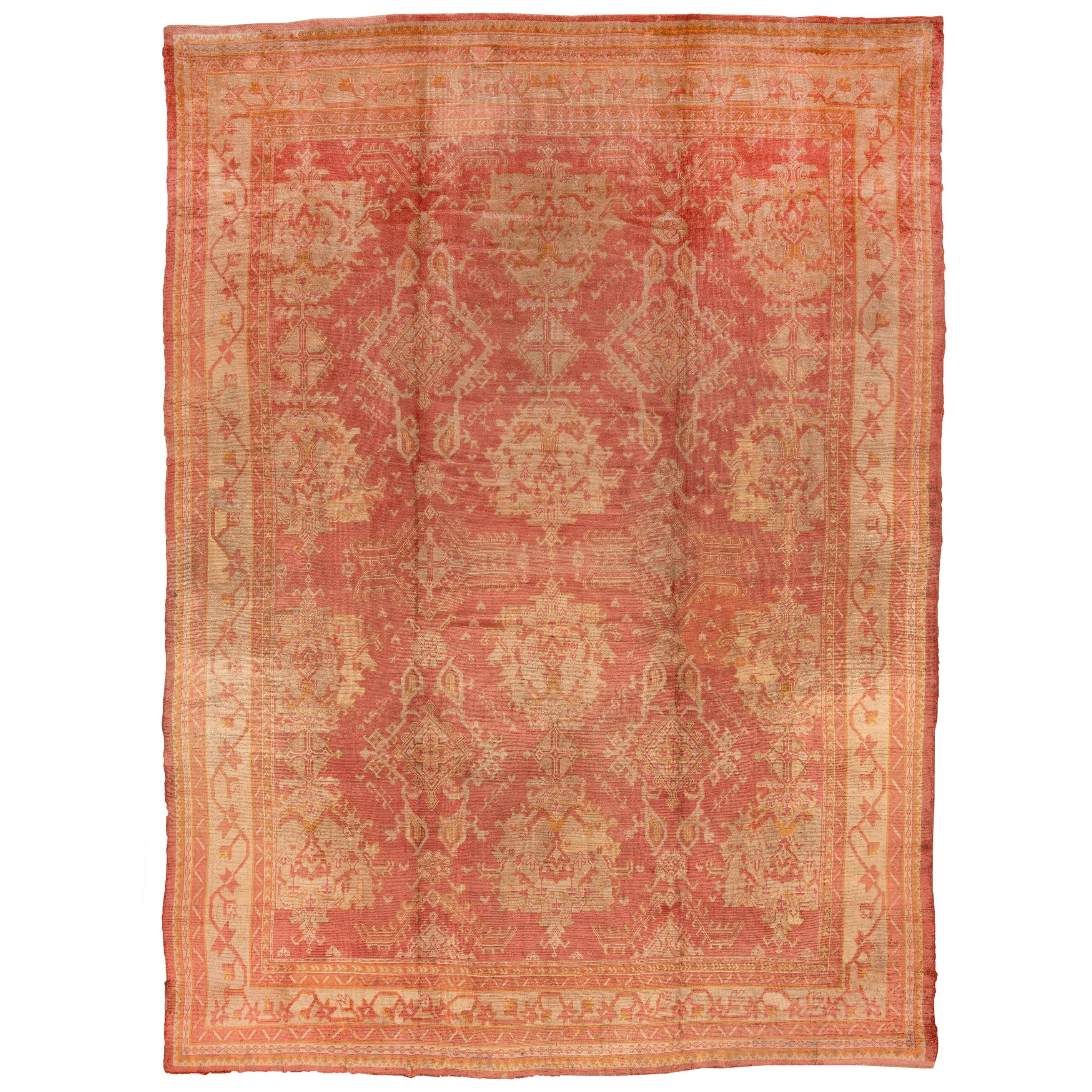 1910s Antique Turkish Oushak Area Rug, Light Red All-Over Field, Gold Borders For Sale