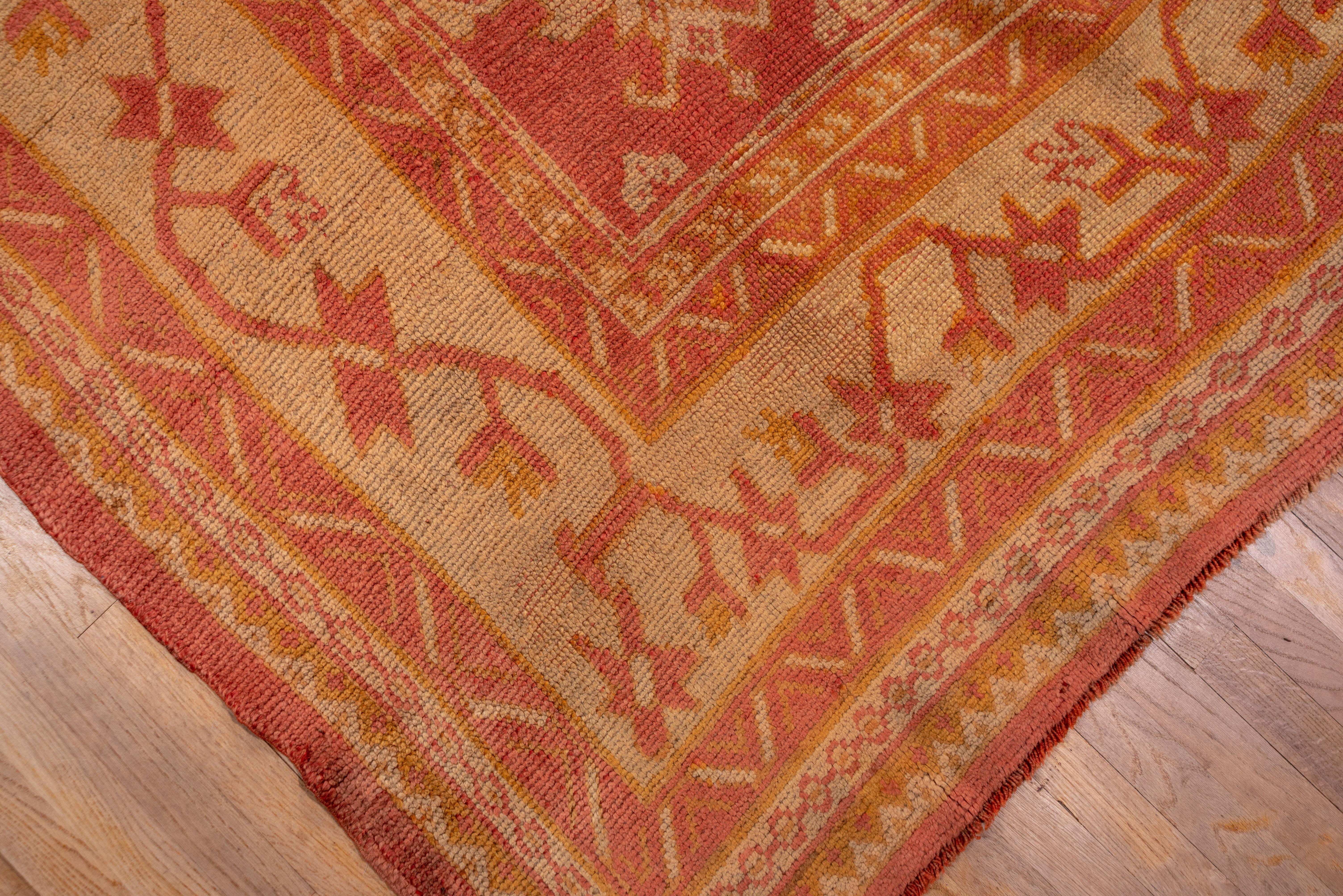 A five column all-over pattern of particularly ragged fat palmettes and gnarled leaf lozenges decorates the abrashed light redfield of this all-wool west Anatolian antique. Creamy straw narrow main border of yellow-accented stars and simple flowers