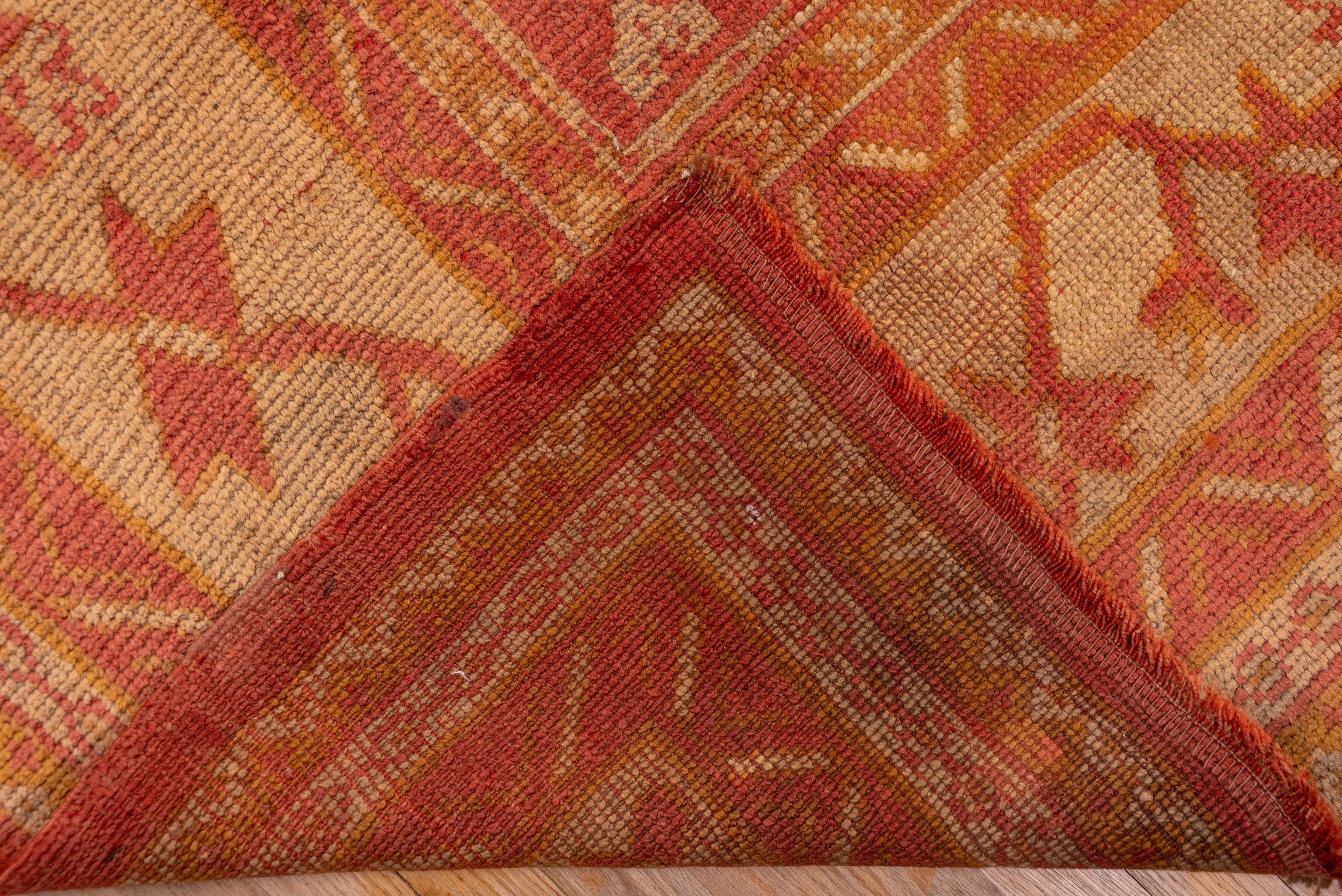 Hand-Knotted 1910s Antique Turkish Oushak Area Rug, Light Red All-Over Field, Gold Borders For Sale