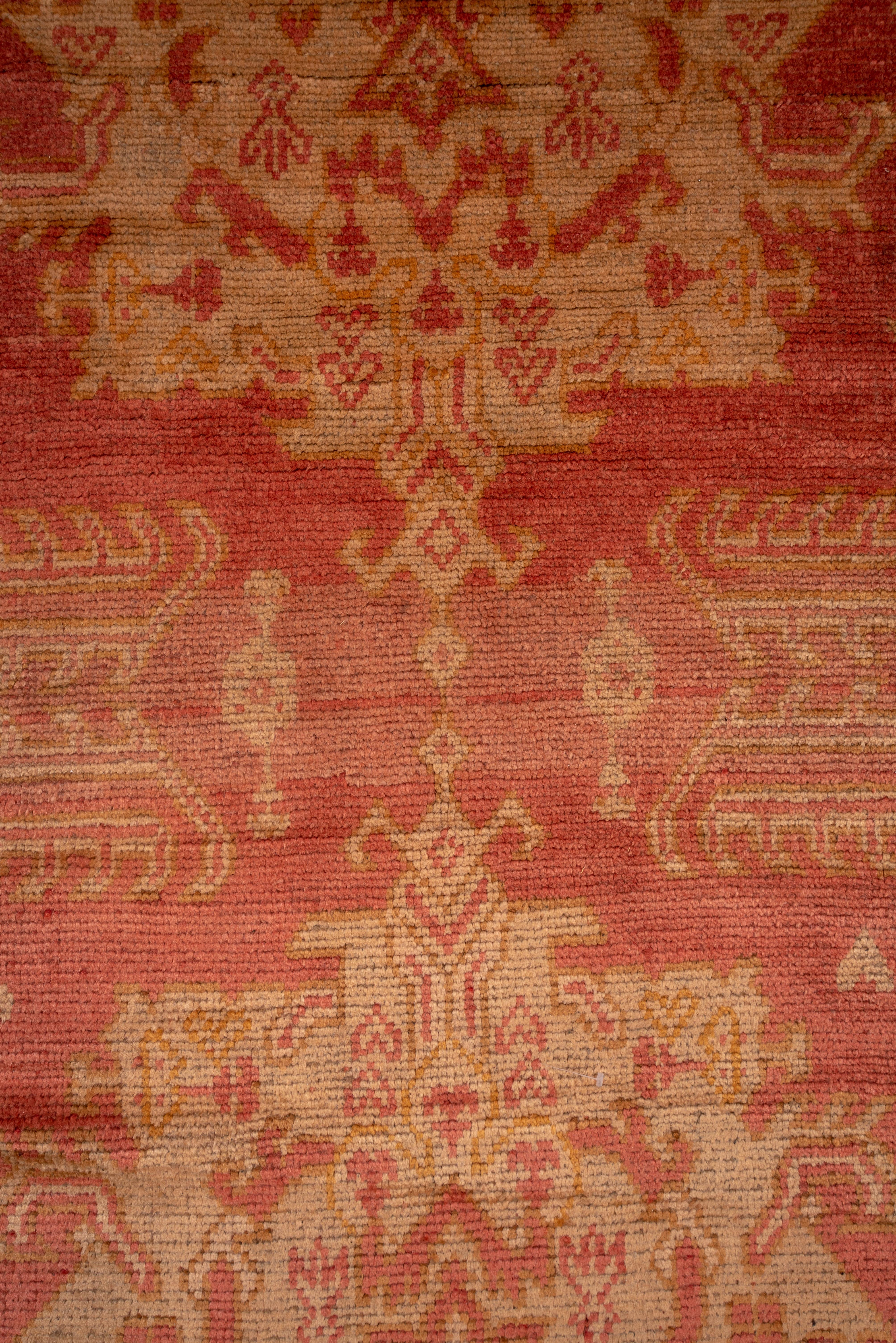 1910s Antique Turkish Oushak Area Rug, Light Red All-Over Field, Gold Borders For Sale 1