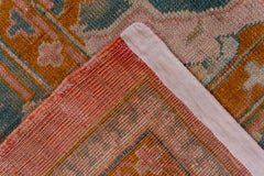 1910s Antique Turkish Oushak Rug, Pink FIeld, Dark Green & Orange Borders