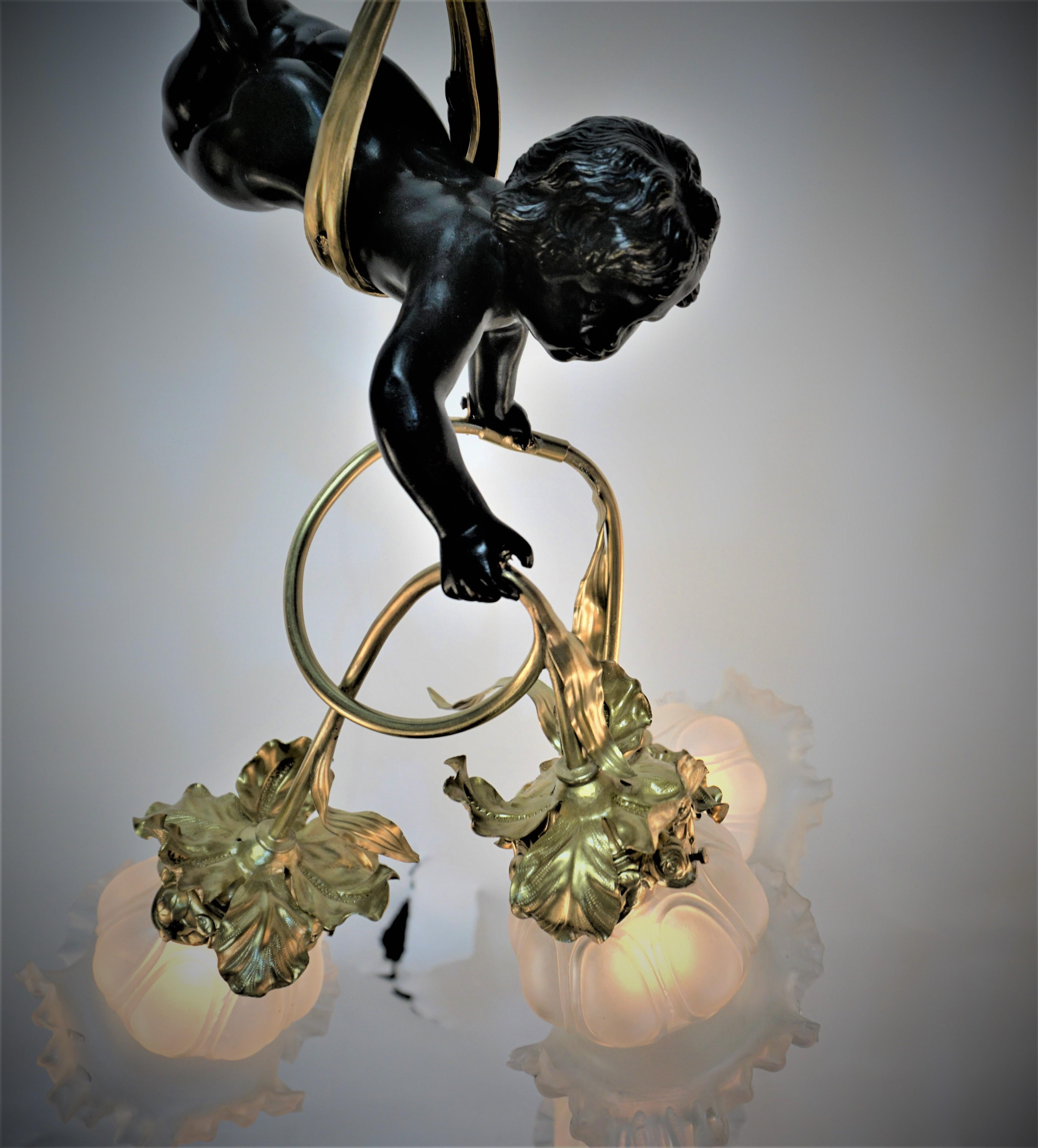 1910's Art Nouveau Bronze & Blown Chandelier For Sale 7