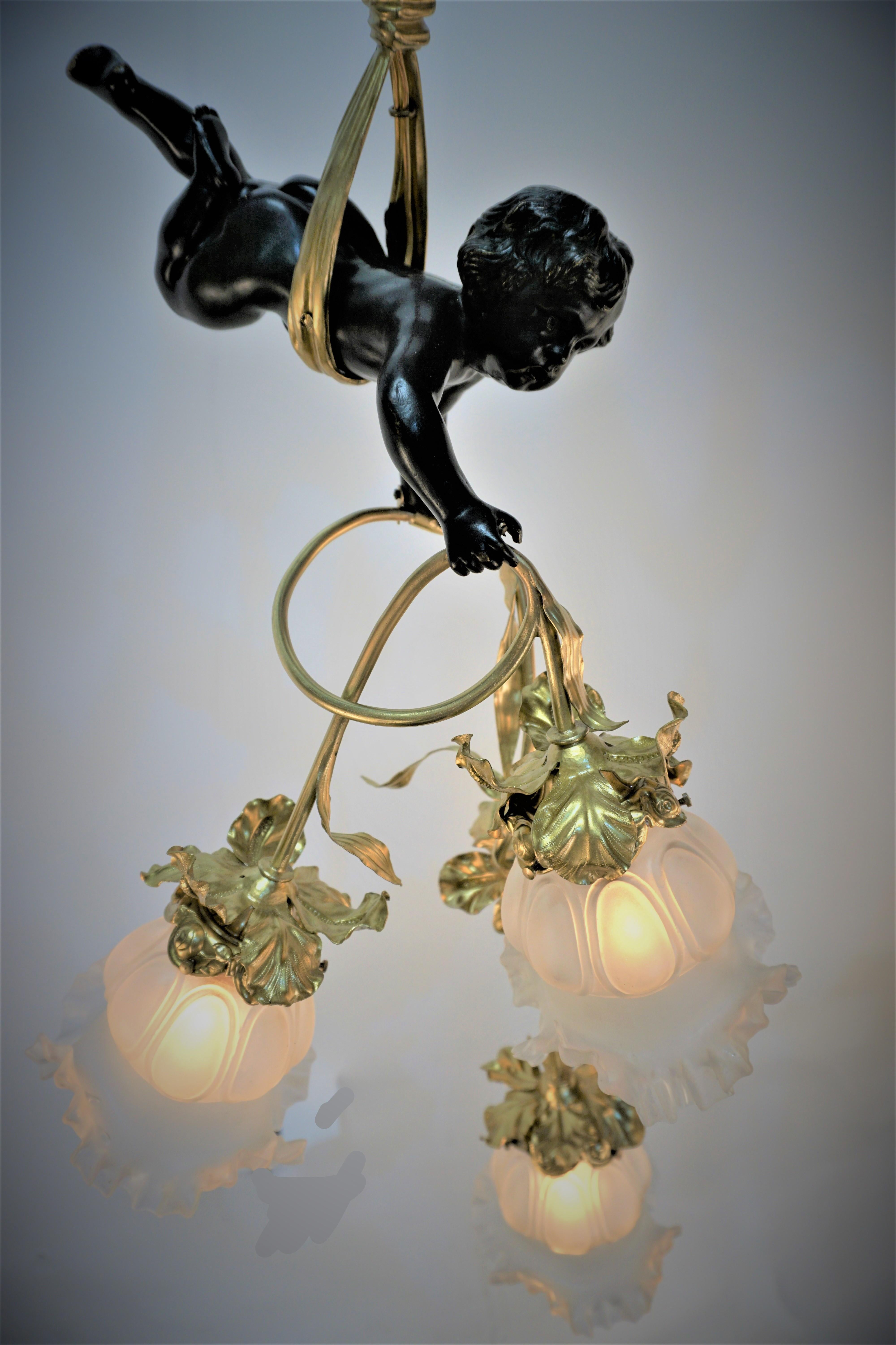 1910's Art Nouveau Bronze & Blown Chandelier For Sale 8