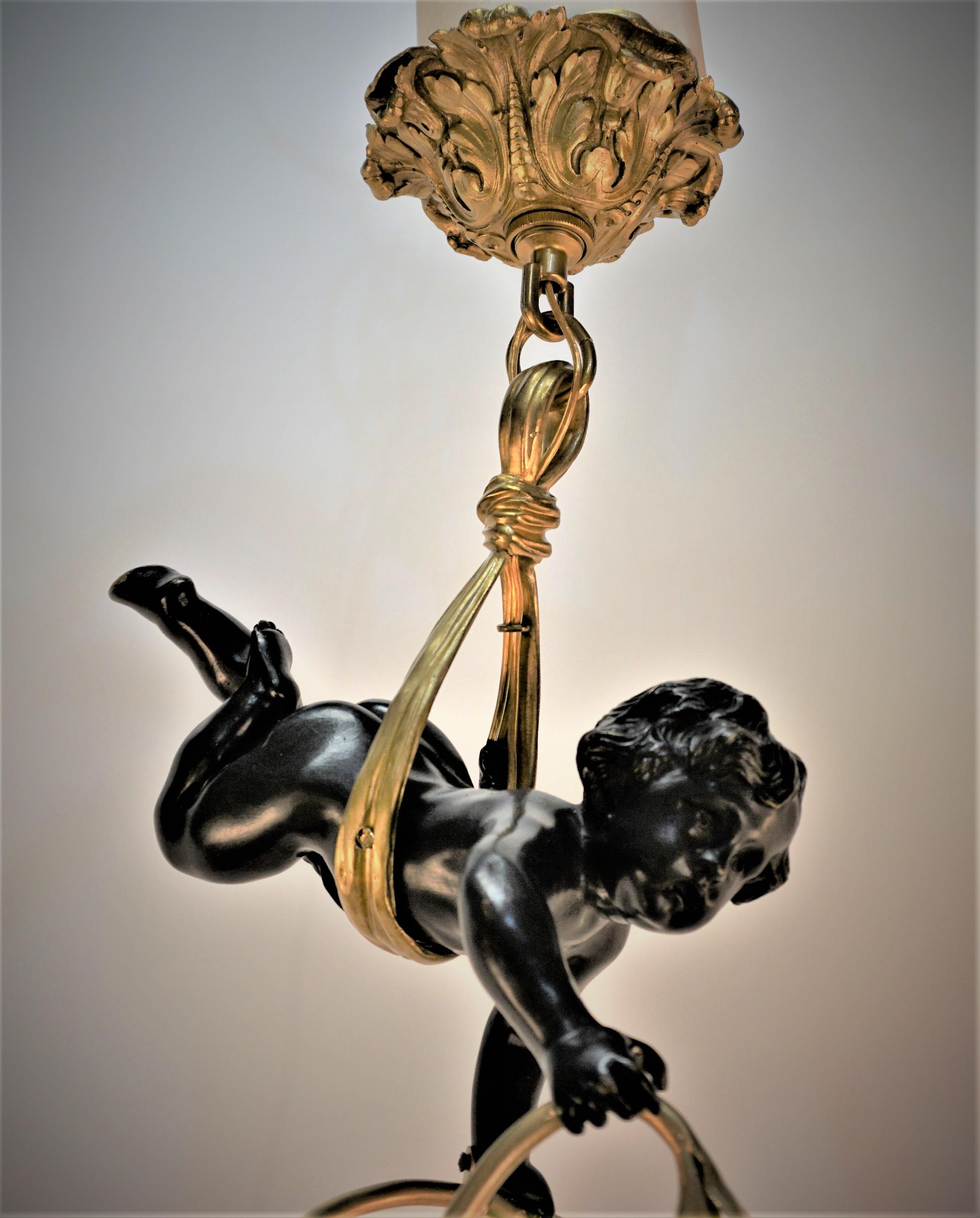 1910's Art Nouveau Bronze & Blown Chandelier In Good Condition For Sale In Fairfax, VA