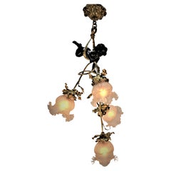 1910's Art Nouveau Bronze & Blown Chandelier