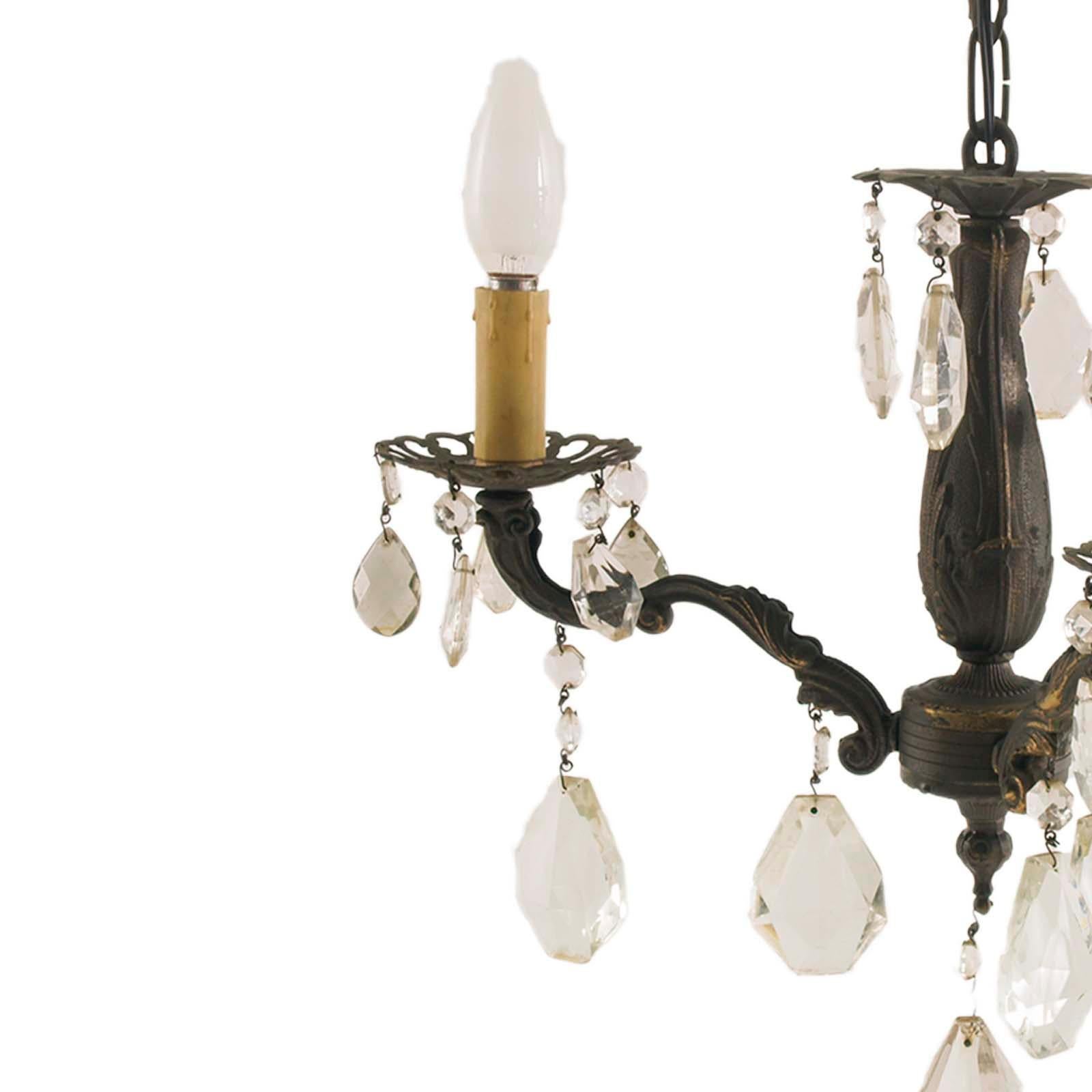 1910er Jahre Jugendstil brünierte Bronze Kronleuchter Drei Lights , Swarovski Pendelleuchten (Italienisch) im Angebot
