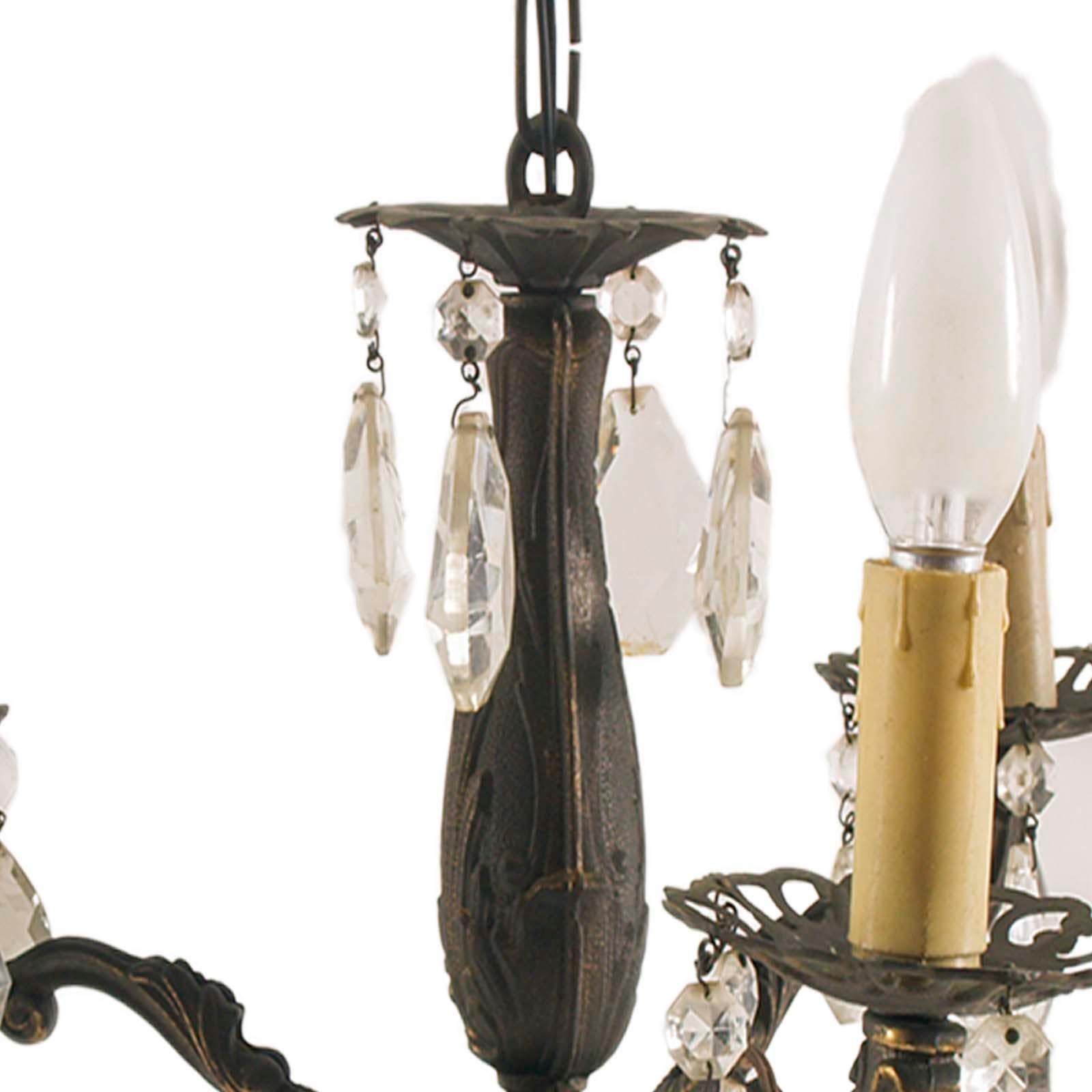 1910er Jahre Jugendstil brünierte Bronze Kronleuchter Drei Lights , Swarovski Pendelleuchten im Zustand „Gut“ im Angebot in Vigonza, Padua