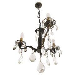 1910s Art Nouveau burnished Bronze Chandelier Three Lights , Swarovsky Pendants