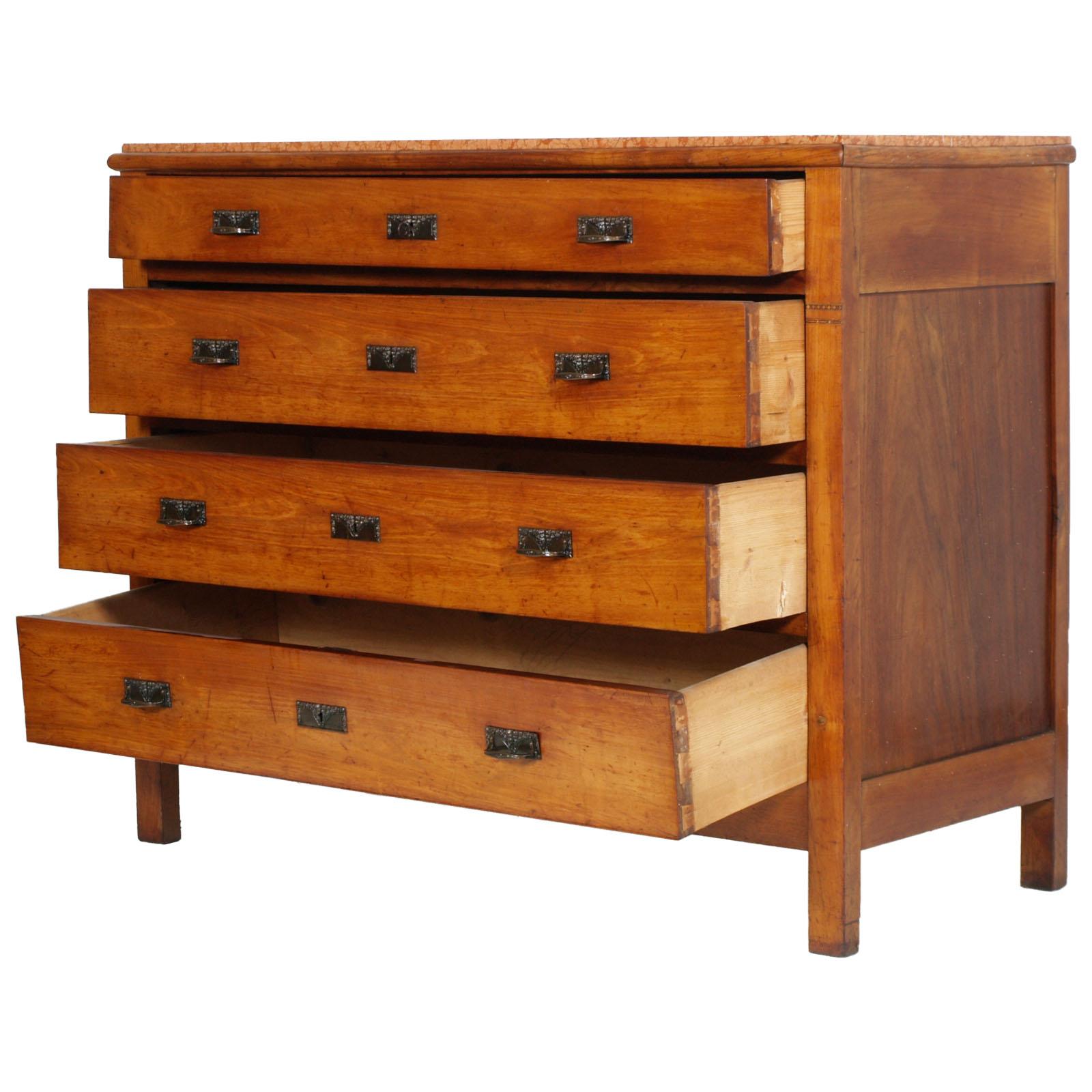 1910s Art Nouveau chest of drawers, dresser, in cheerywood with marble top 
