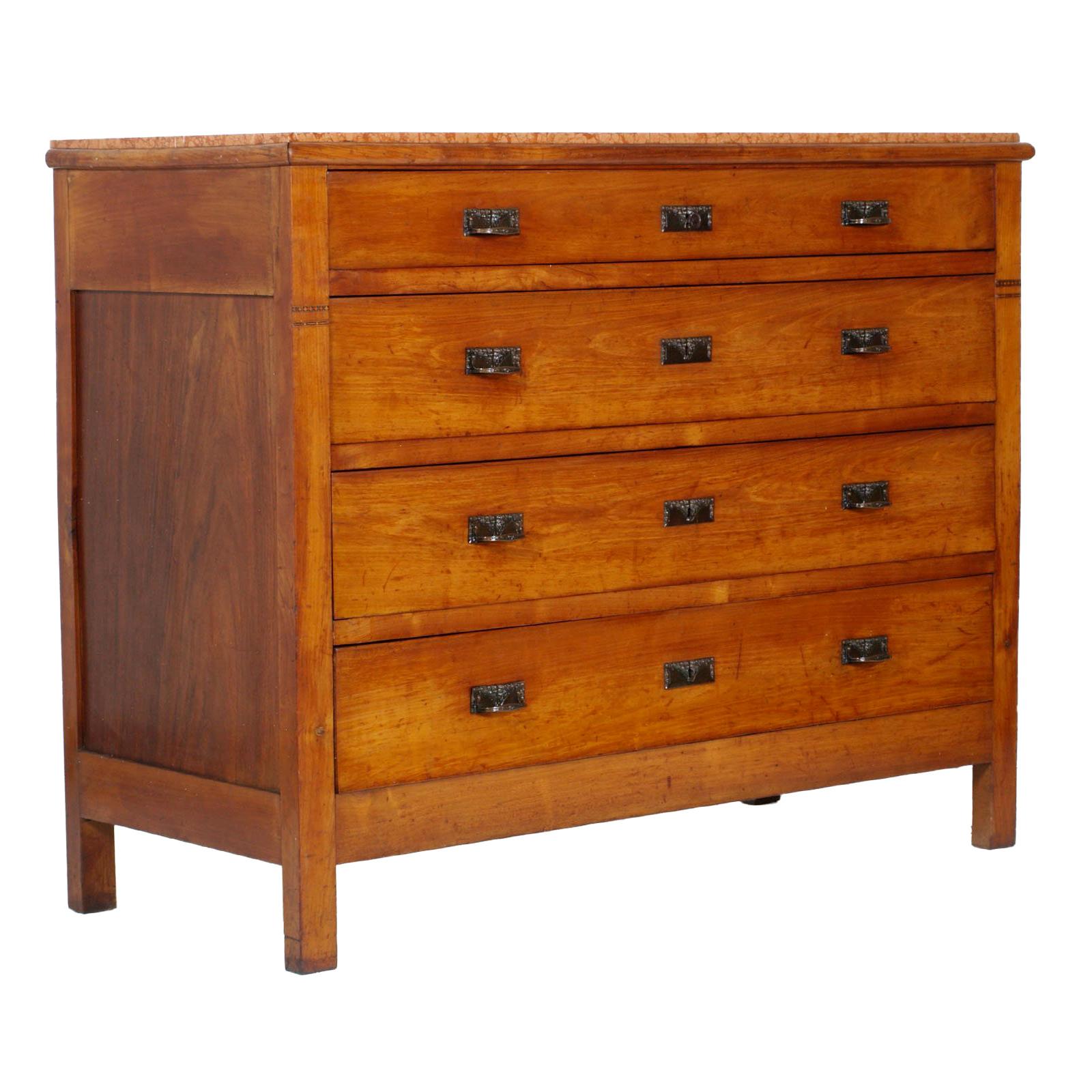 1910s Art Nouveau Chest of Drawers in Cherrywood, Marble Top, wax polished For Sale