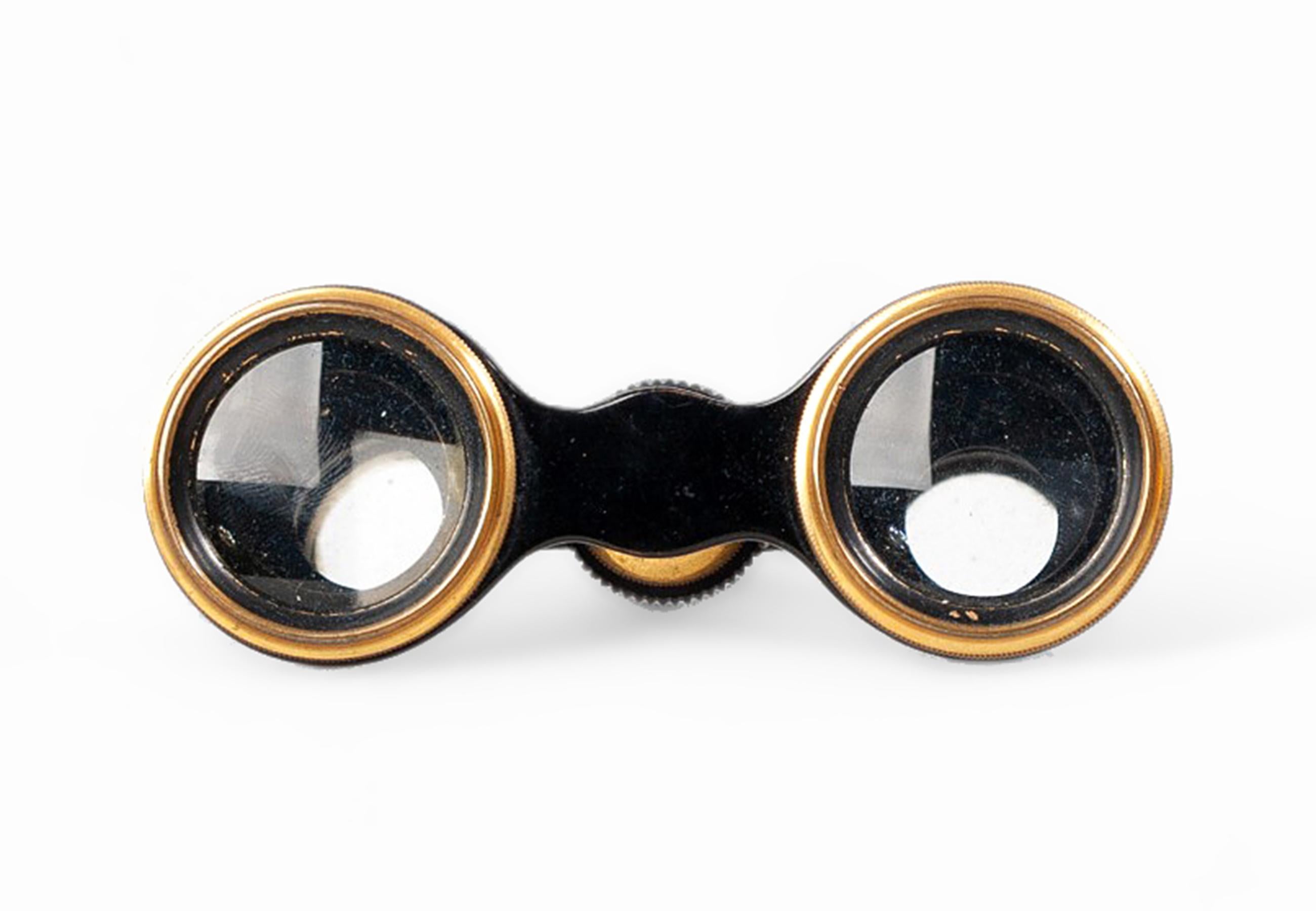 Cast 1910s Art Nouveau Lemaire-Like Brass Binoculars/Glasses and Leather Case, France For Sale