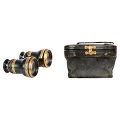 1910s Art Nouveau Lemaire-Like Brass Binoculars/Glasses and Leather Case, France