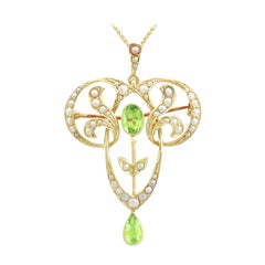 1910s Art Nouveau Peridot and Seed Pearl Yellow Gold Pendant / Brooch