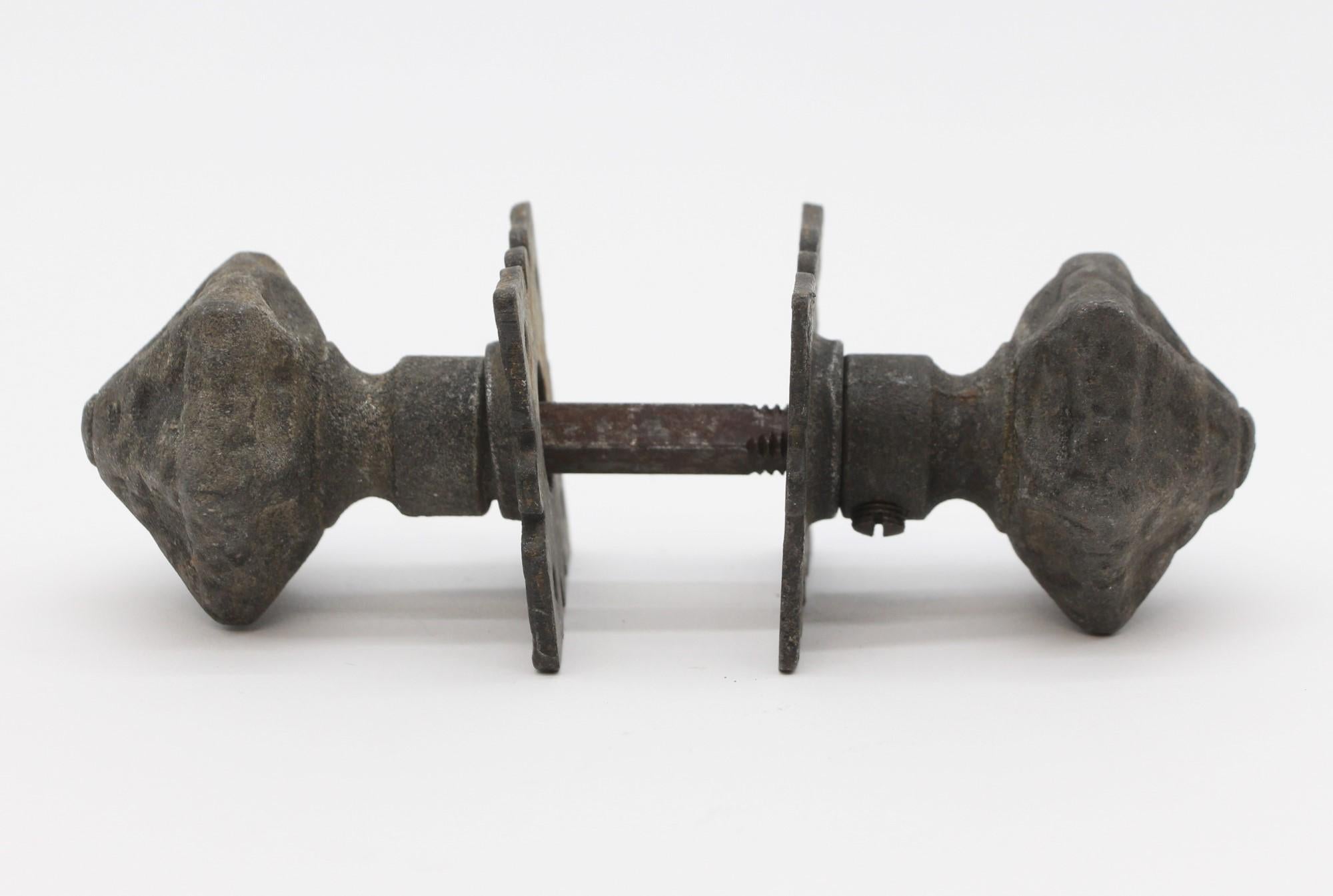 Arts and Crafts 1910s Arts & Crafts Cast Iron Hexagon Door Knob Set, Antique