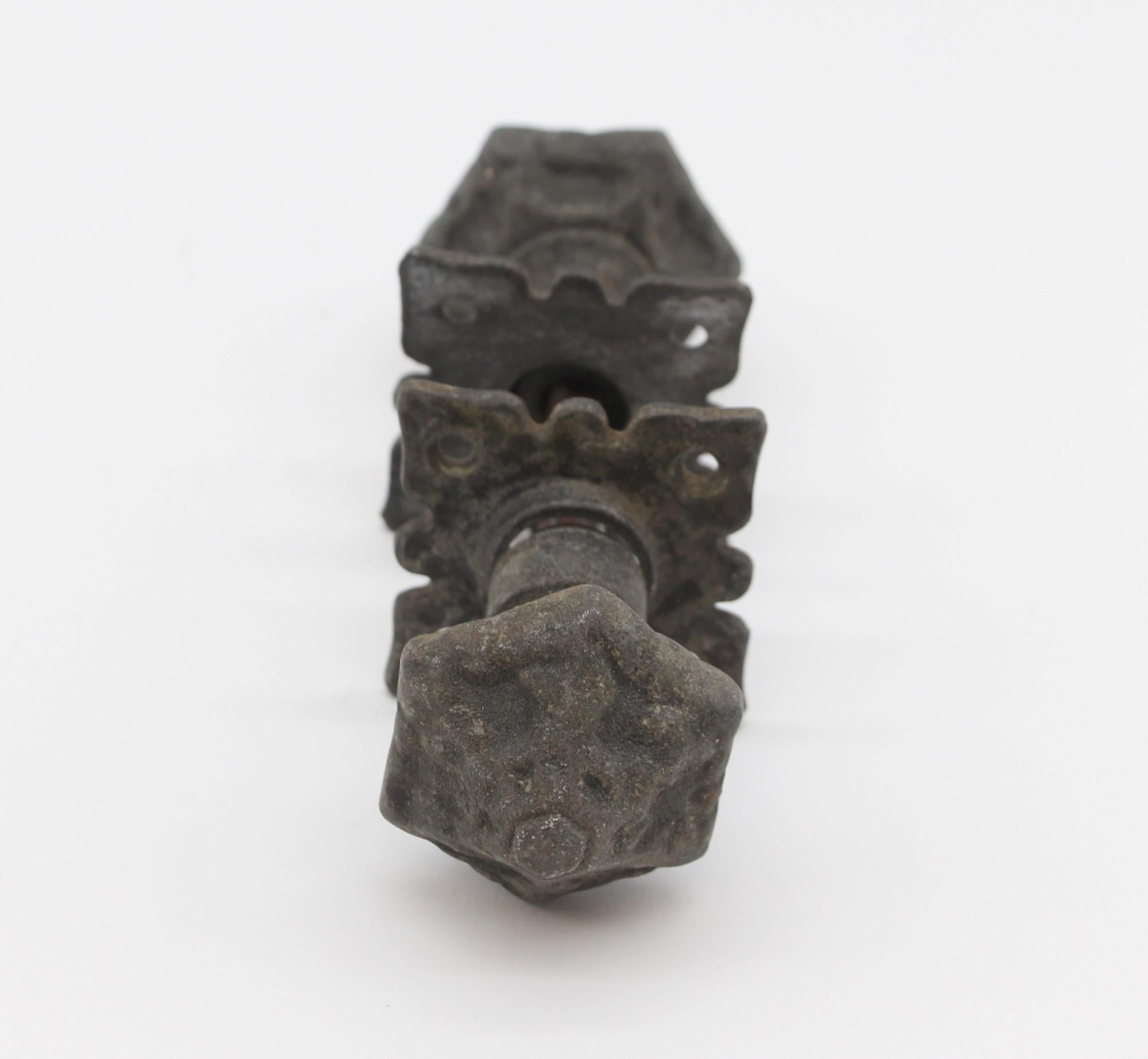 American 1910s Arts & Crafts Cast Iron Hexagon Door Knob Set, Antique