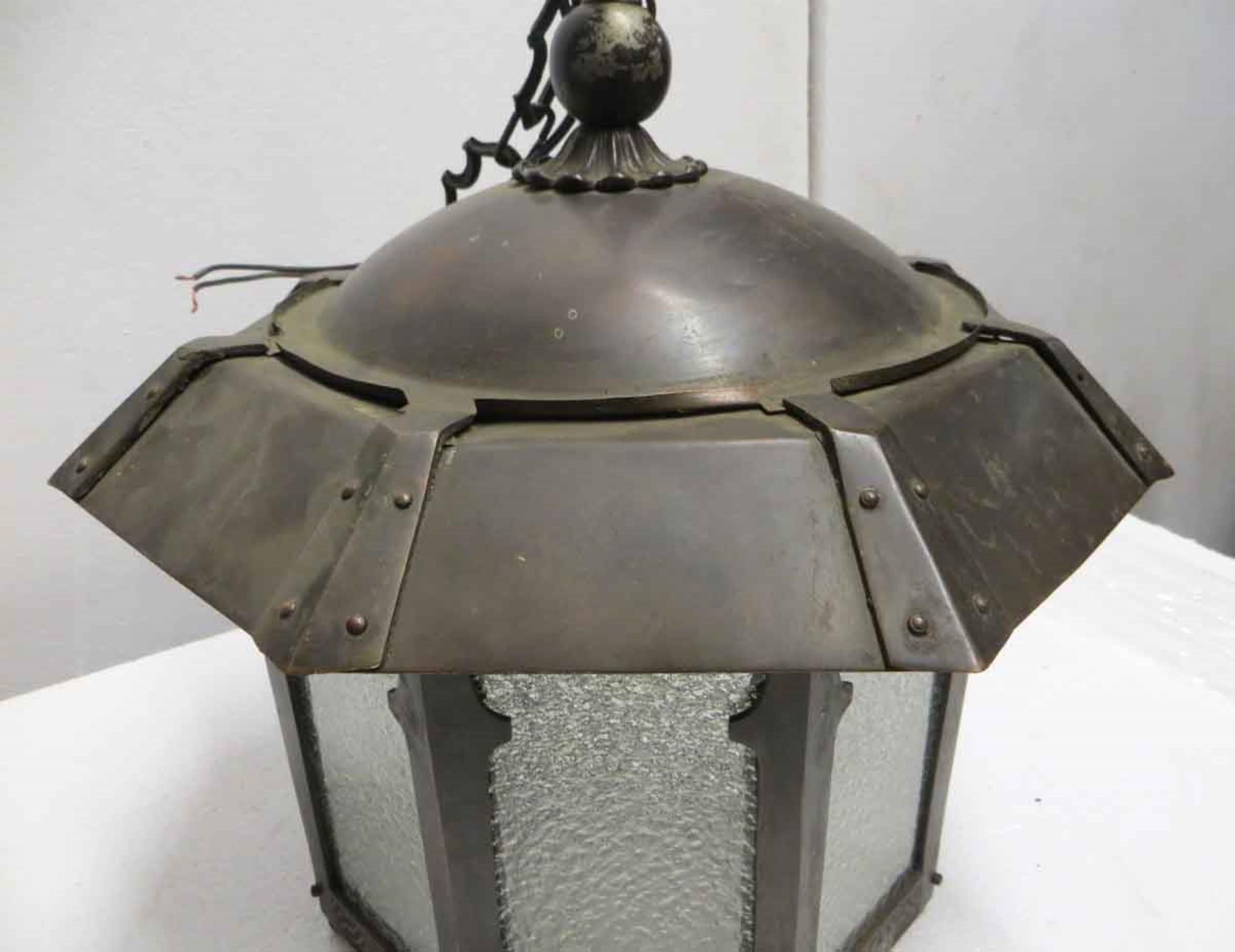 Arts and Crafts 1910s Arts & Crafts Copper Foyer Pendant Lantern with Textured Glass