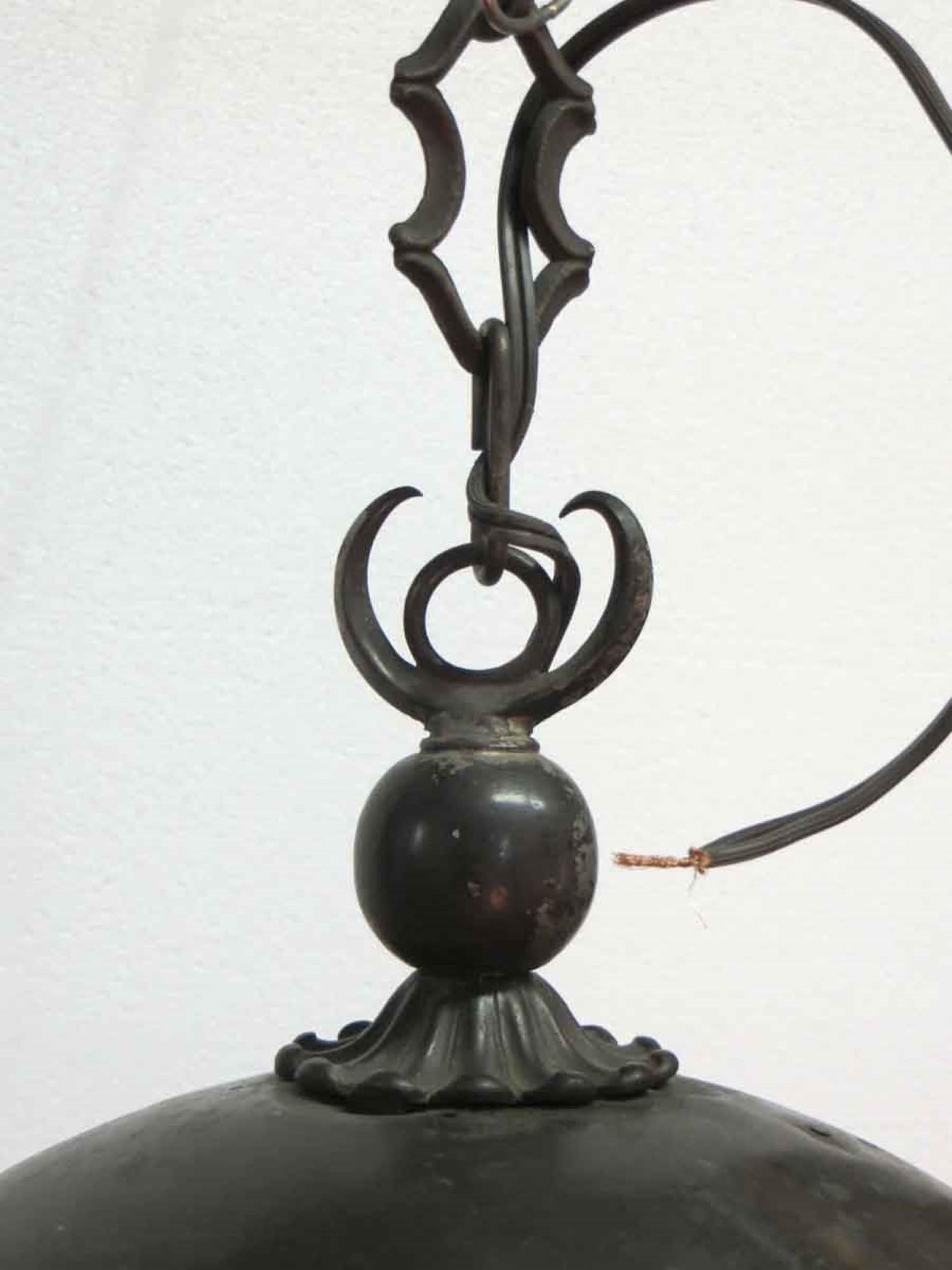 American 1910s Arts & Crafts Copper Foyer Pendant Lantern with Textured Glass