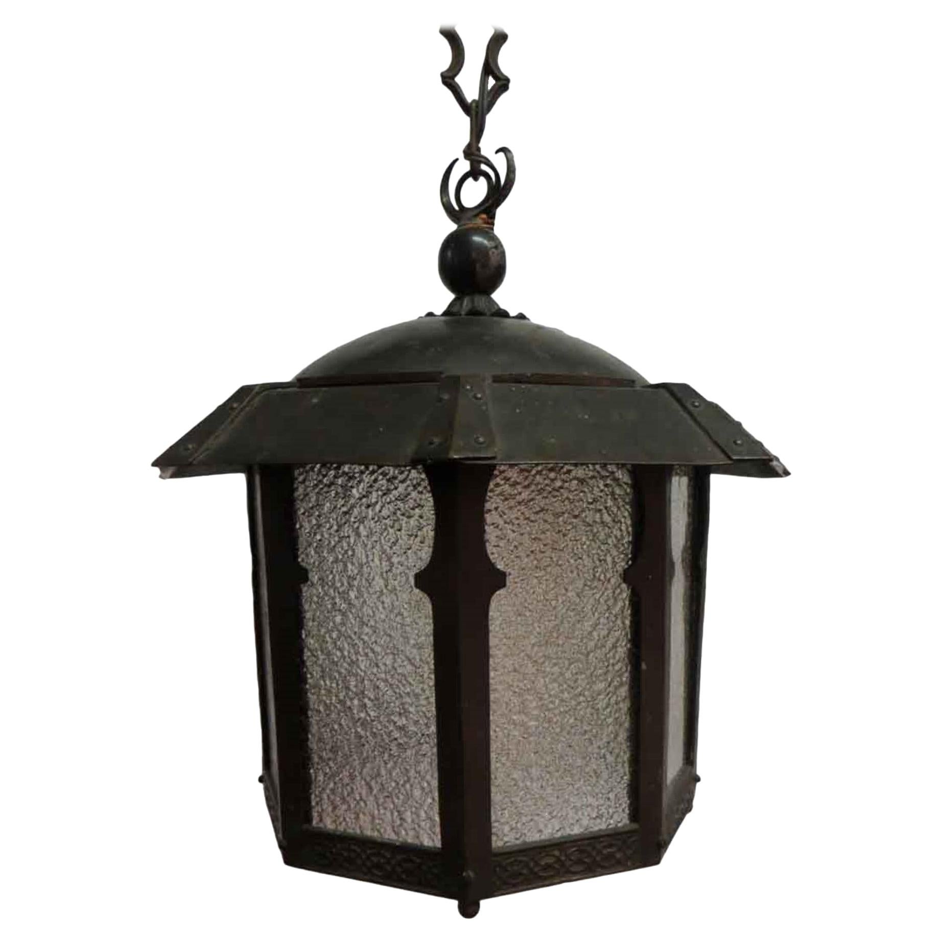 1910s Arts & Crafts Copper Foyer Pendant Lantern with Textured Glass