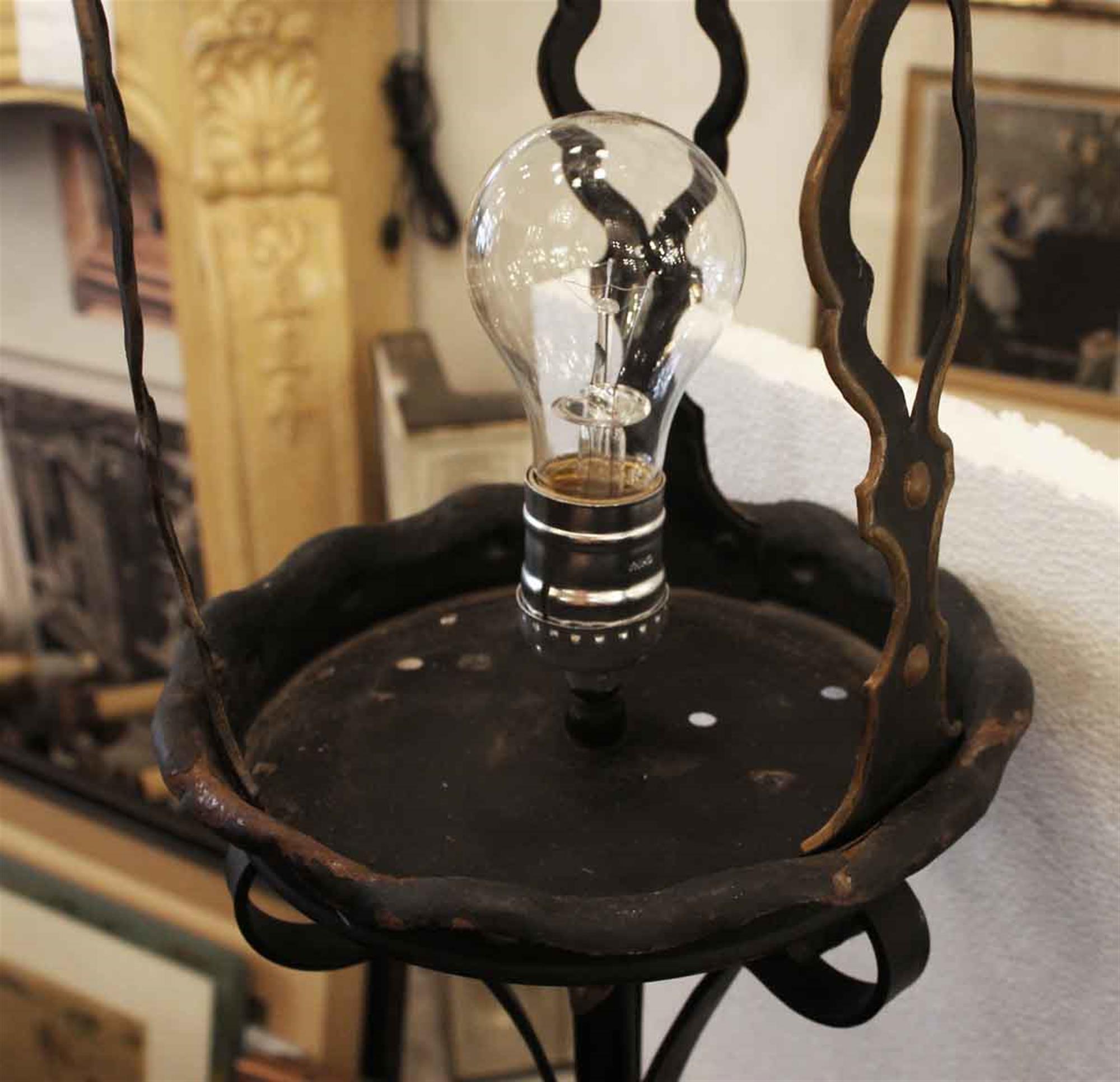 American 1910s Arts & Crafts Hammered and Pinned Wrought Iron Floor Lamp with Mica Shade