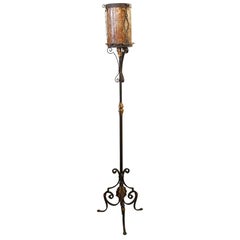 1910s Arts & Crafts Hammered and Pinned Wrought Iron Floor Lamp with Mica Shade
