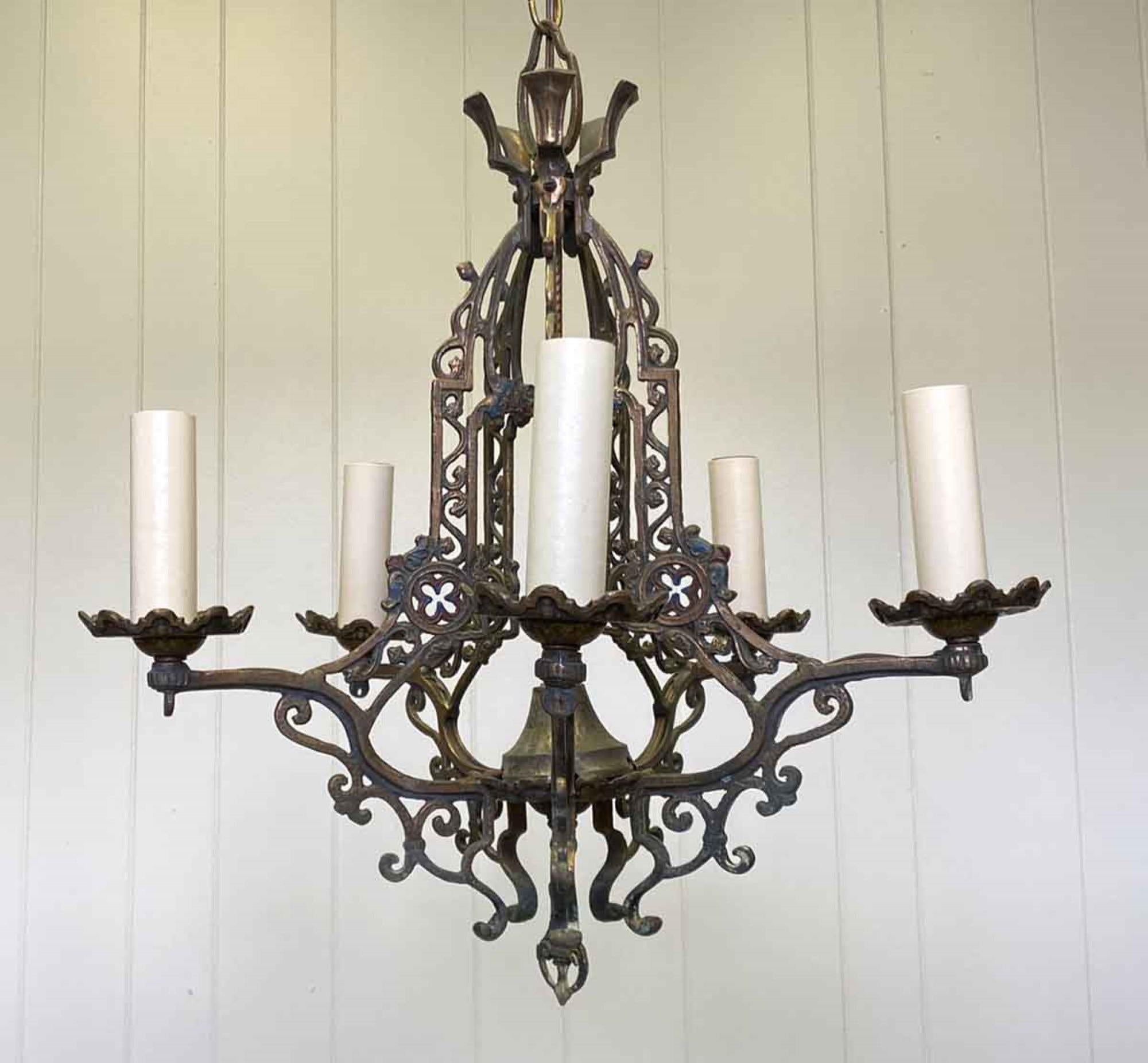 Arts and Crafts 1910s Arts & Crafts Heavy Cast Bronze Chandelier with 5 Arms and Original Patina