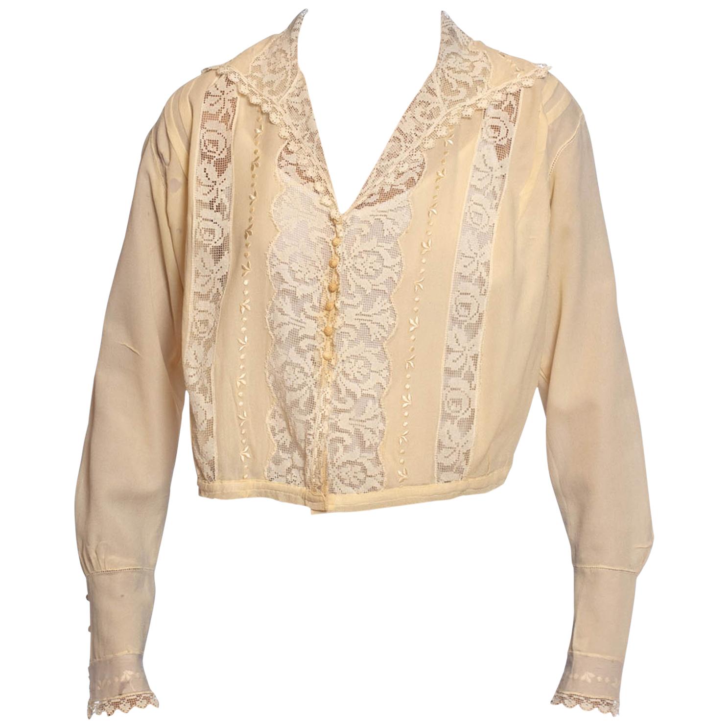 1910S Beige Silk & Handmade Filet Lace Blouse For Costume Or Design