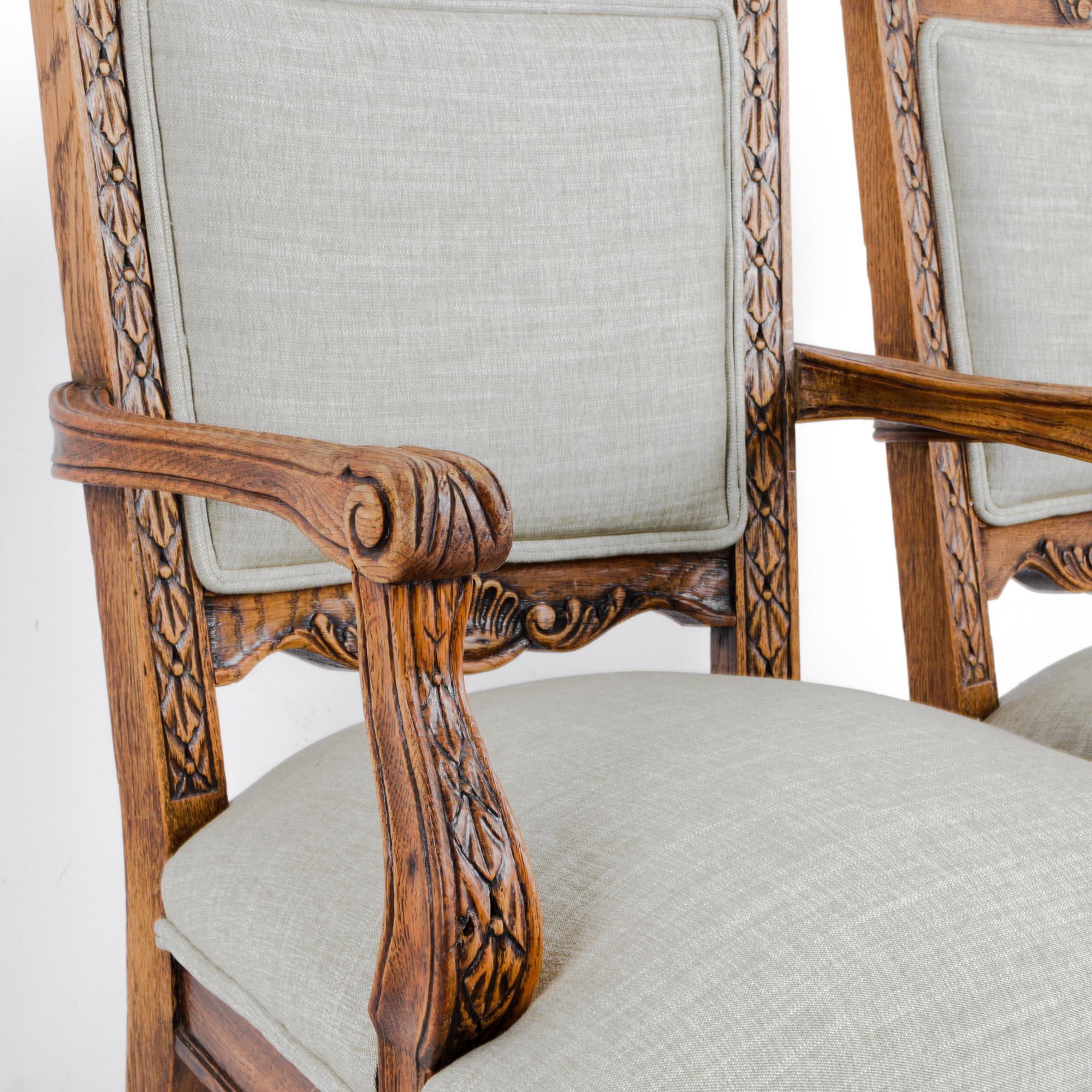 1910s Belgian Oak Carved Upholstered Armchairs, a Pair 4