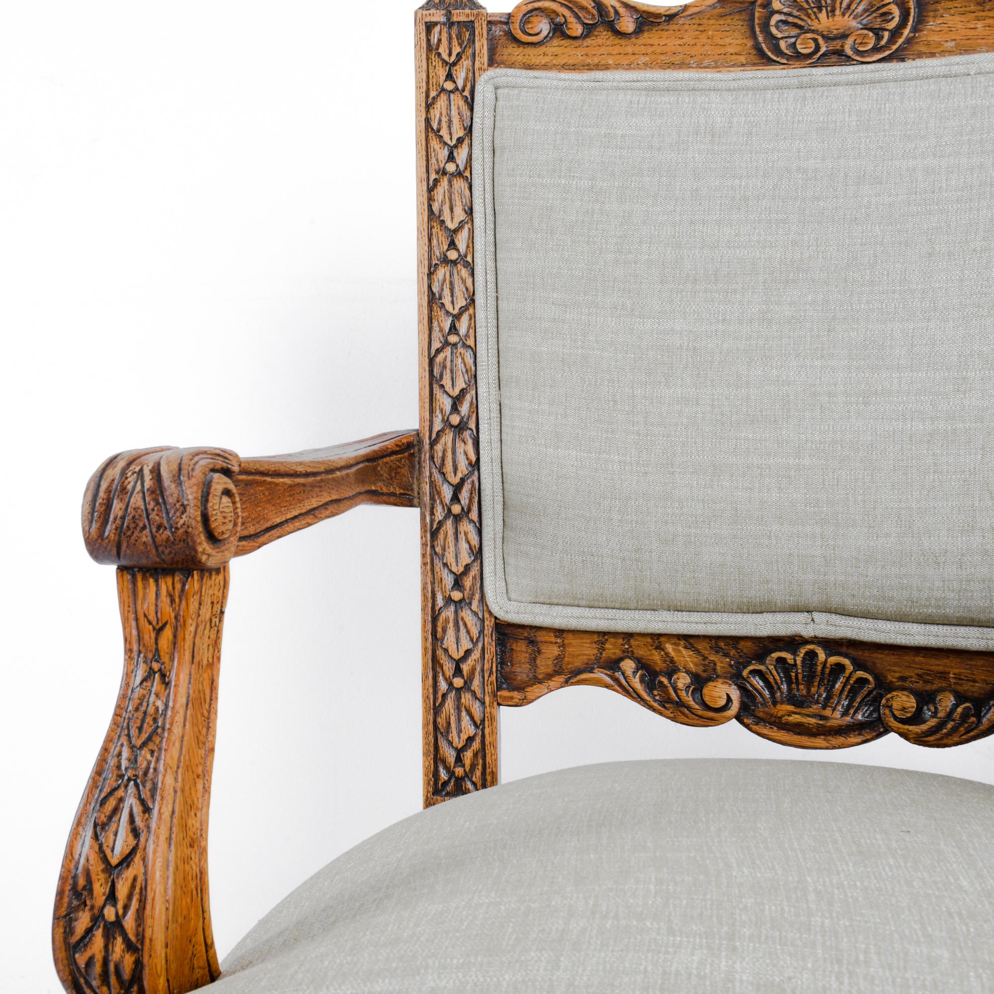 1910s Belgian Oak Carved Upholstered Armchairs, a Pair 7